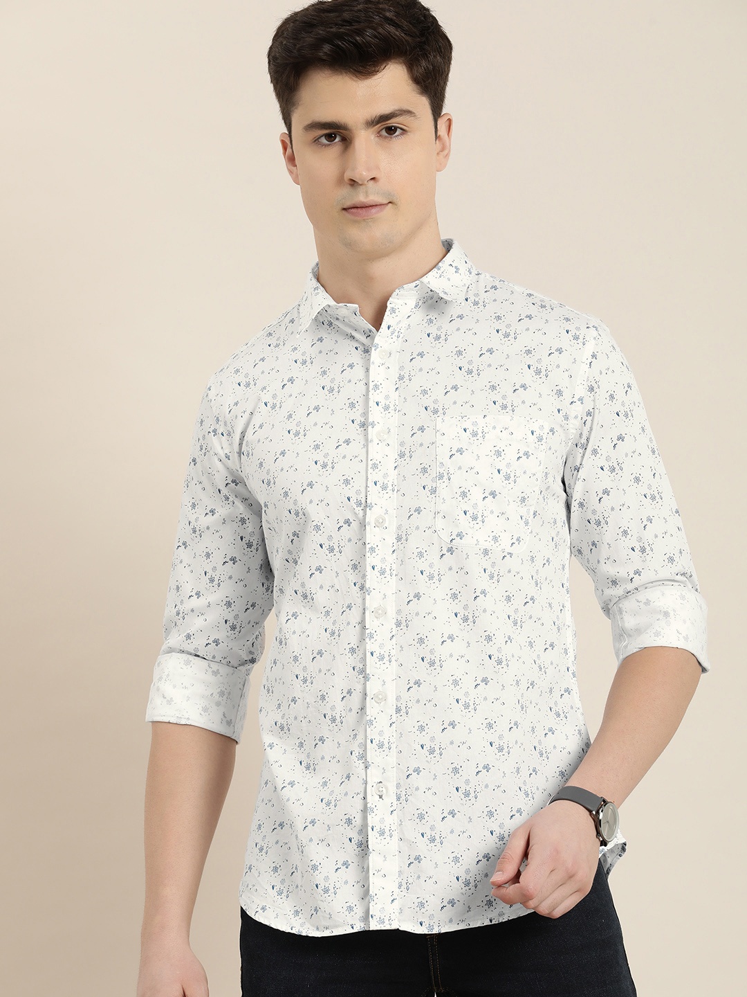

INVICTUS Pure Cotton Slim Fit Floral Printed Casual Shirt, White