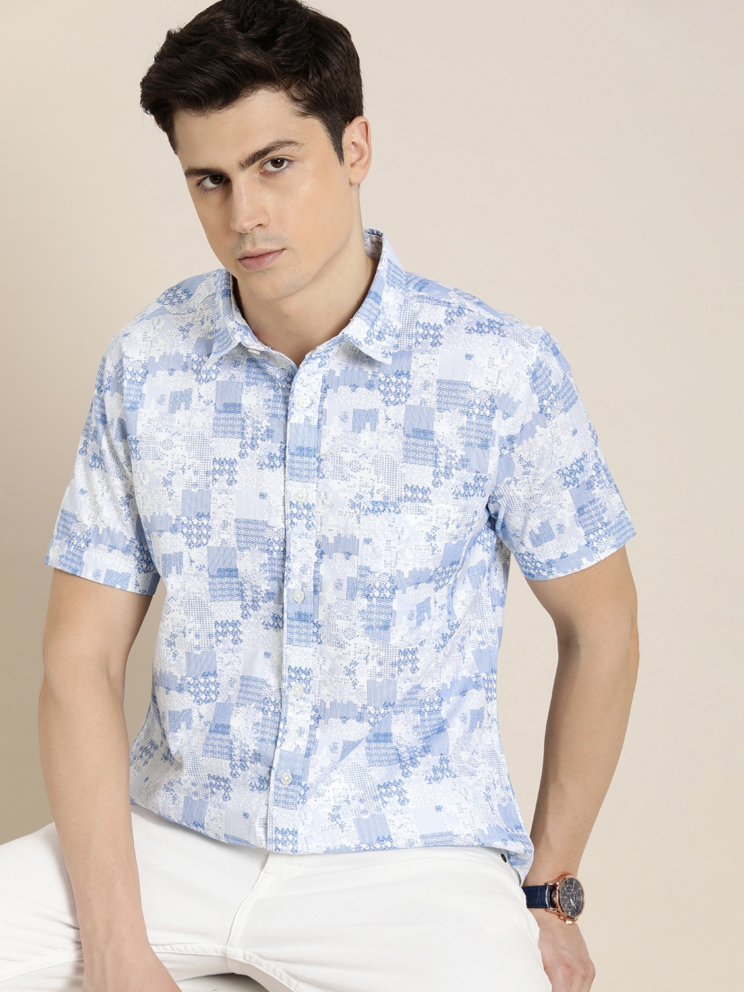 

INVICTUS Pure Cotton Slim Fit Printed Casual Shirt, White