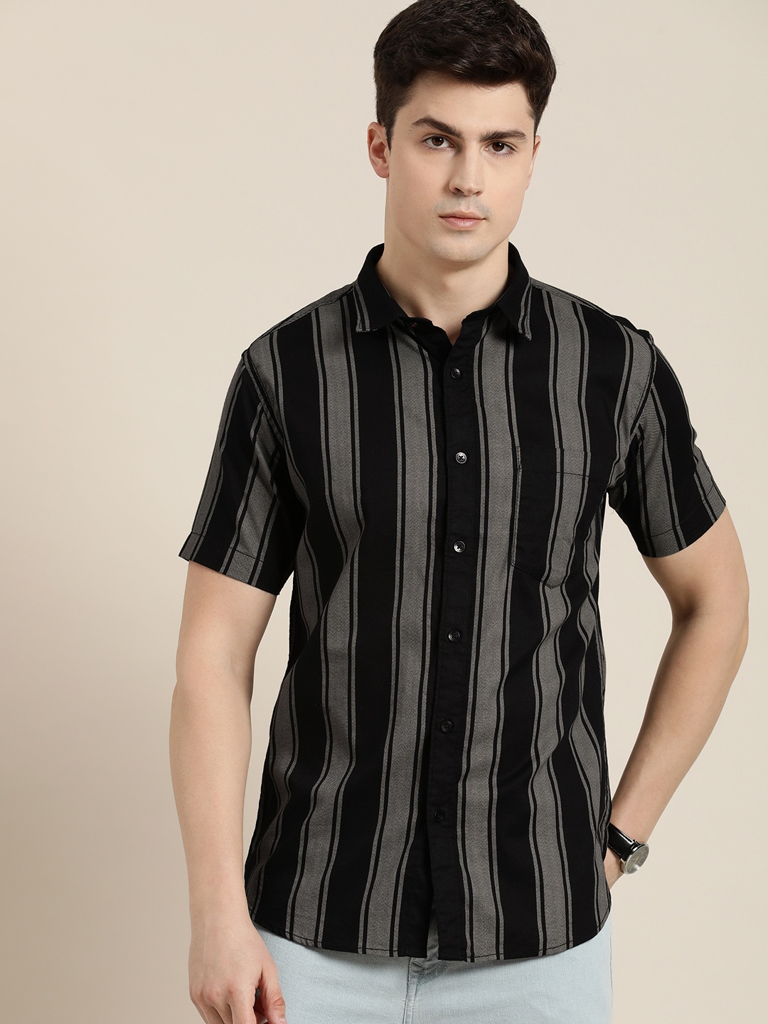 

INVICTUS Slim Fit Striped Pure Cotton Casual Shirt, Black