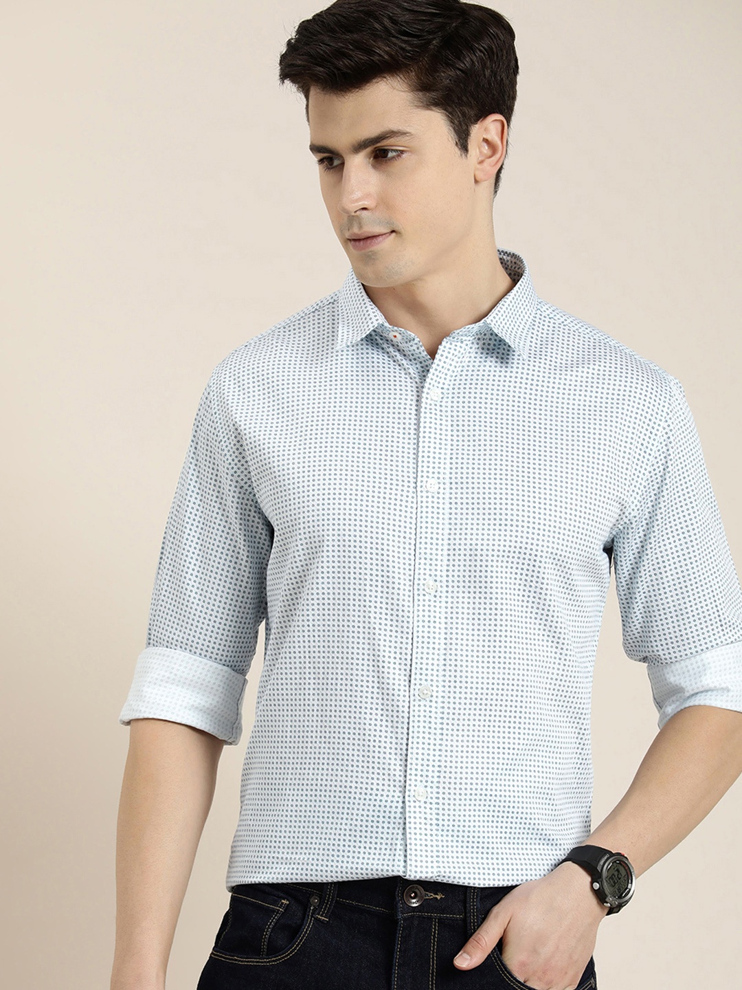 

INVICTUS Men Sport Slim Fit Micro-Ditsy Printed Pure Cotton Casual Shirt, Blue