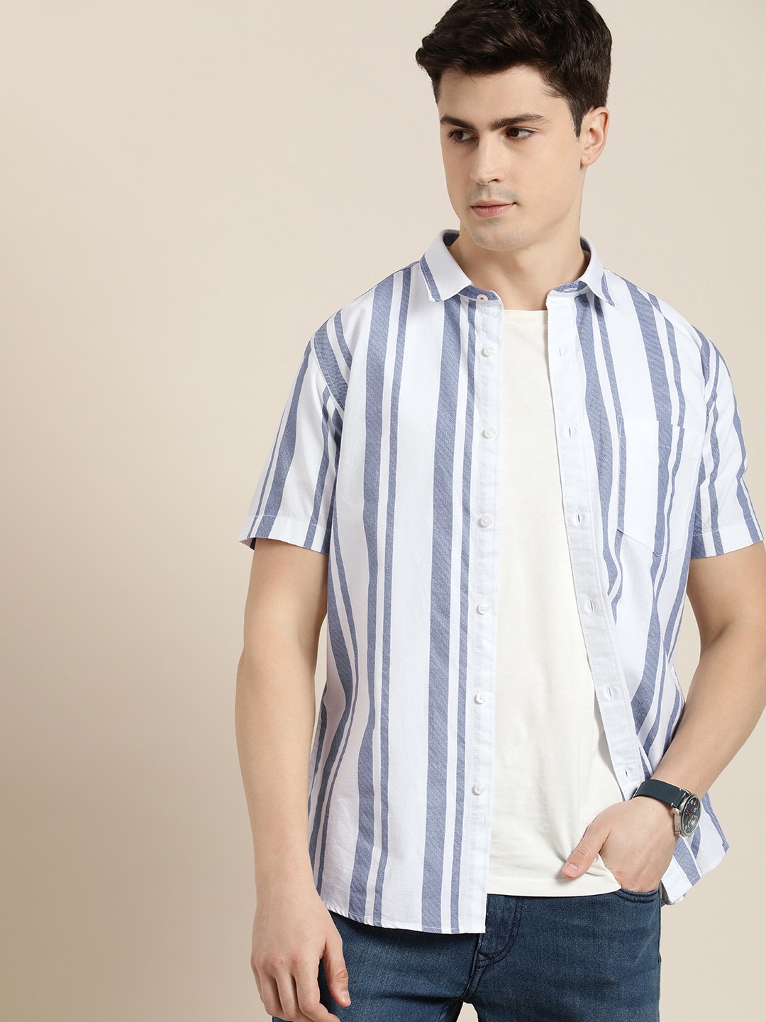 

INVICTUS Slim Fit Striped Pure Cotton Casual Shirt, White