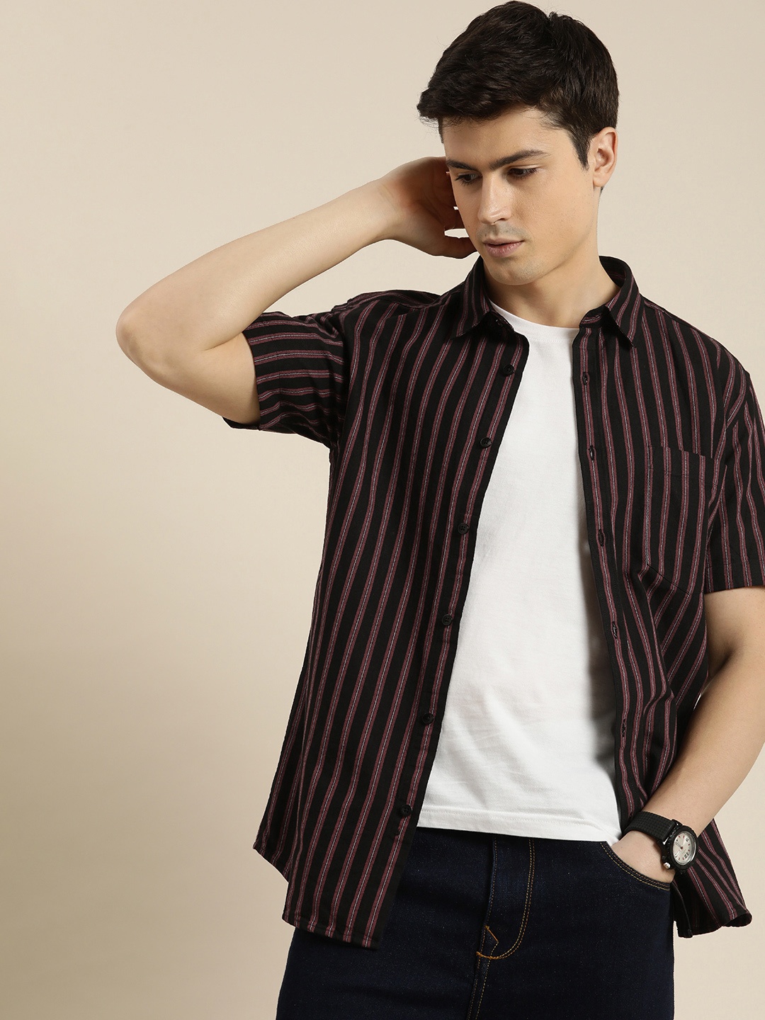 

INVICTUS Sport Slim Fit Self-Striped Pure Cotton Casual Shirt, Black