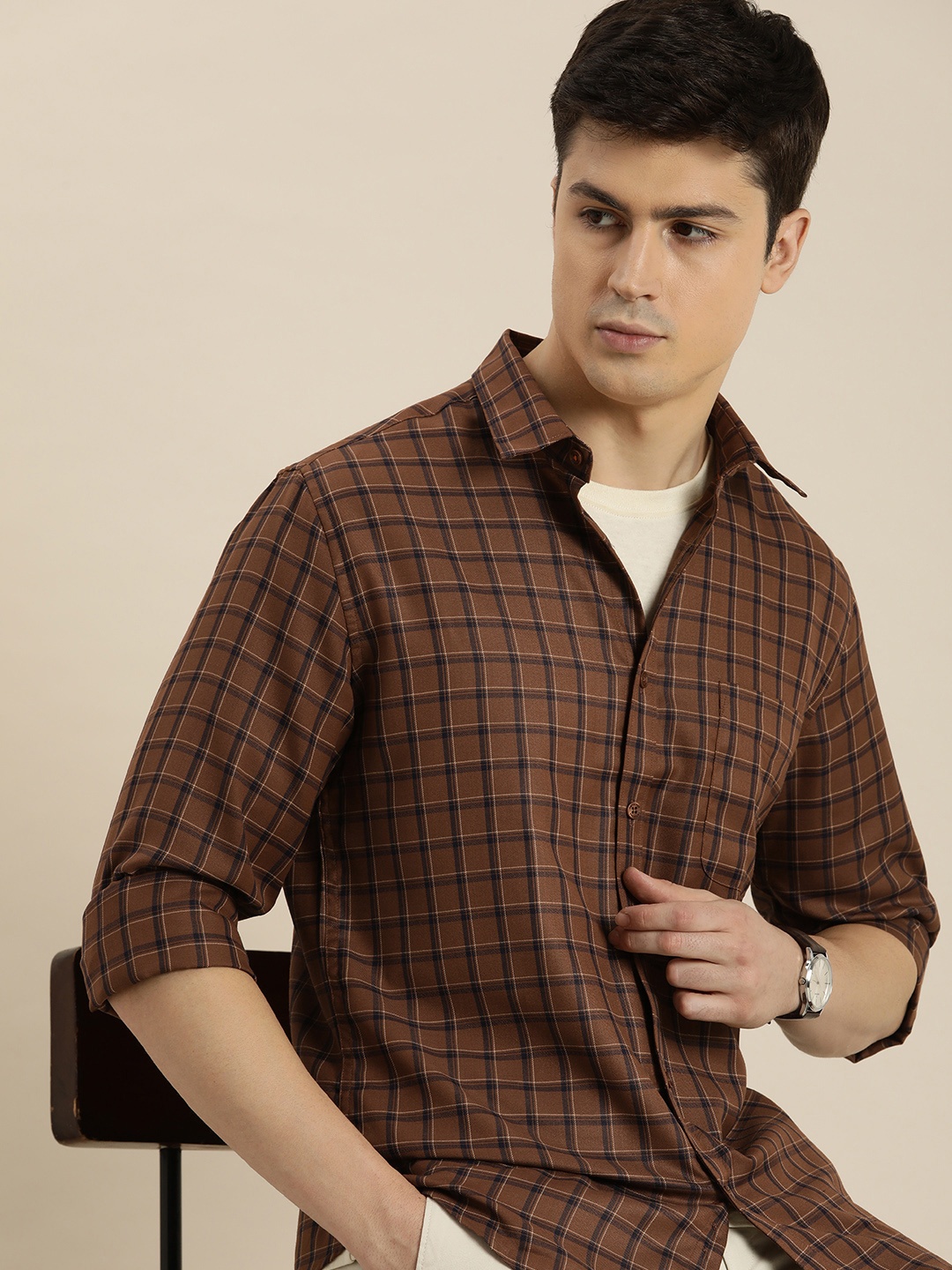 

INVICTUS Sport Slim Fit Checked Casual Shirt, Brown