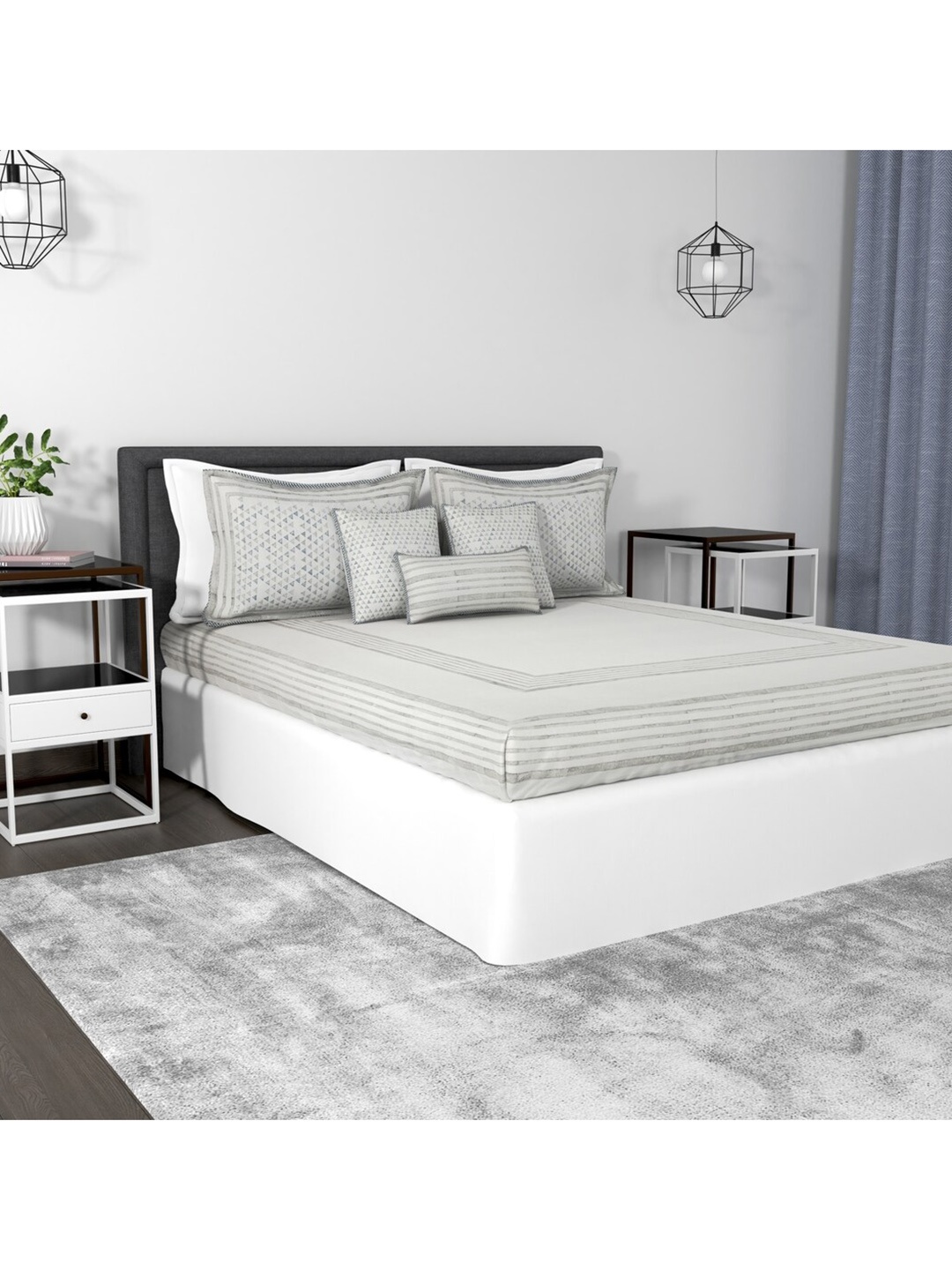 

HOUMN Grey Geometric Cotton 210 TC King Bedsheet With 2 Pillow Covers