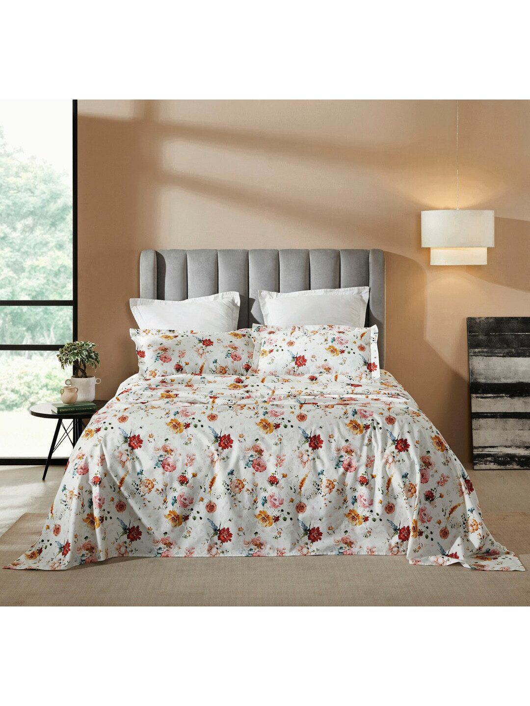 

HOUMN Retreat White & Red Floral 210 TC Cotton King Bedsheet & 2 Pillow Covers