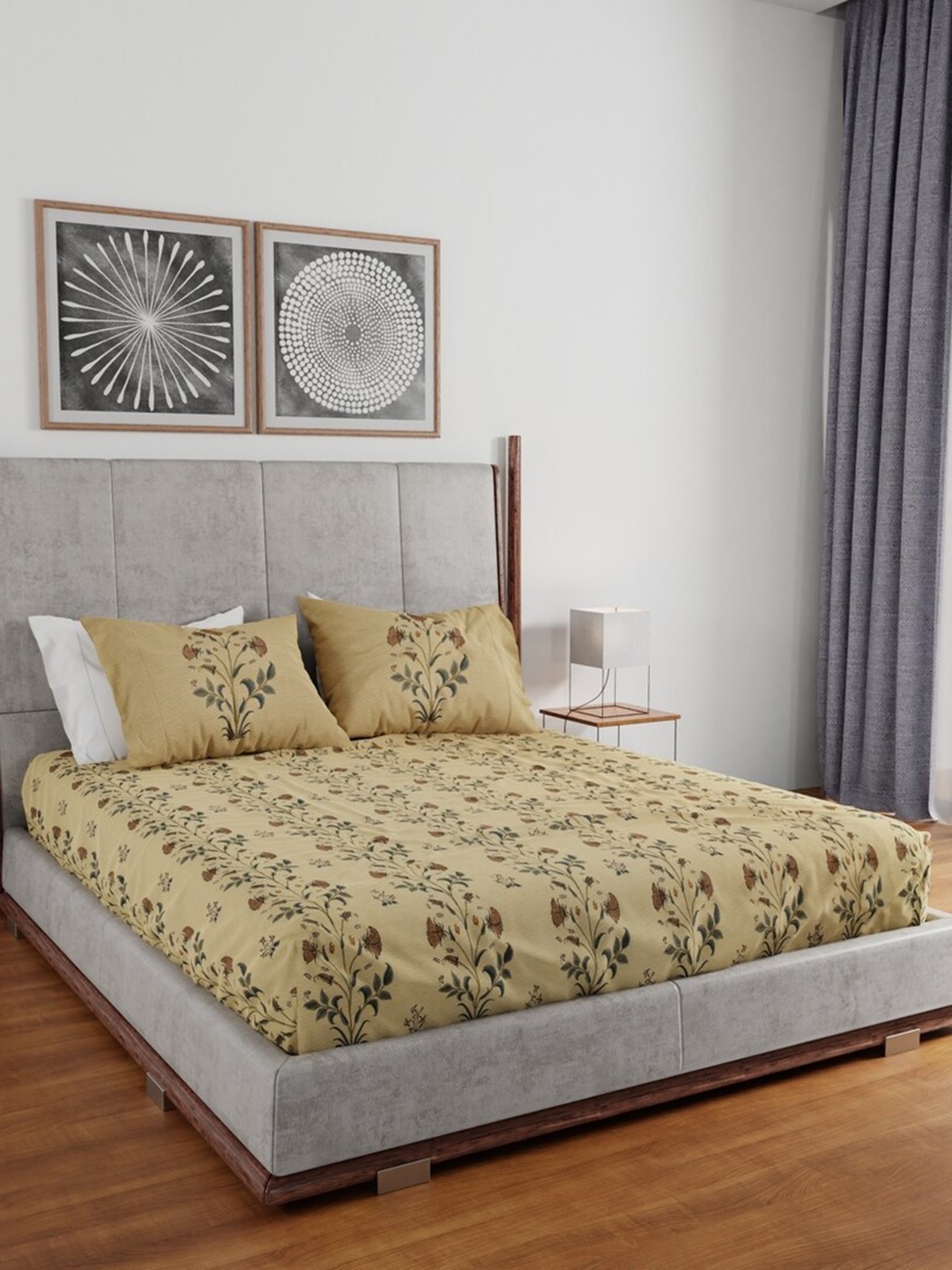 

HOUMN Beige & Green Floral Cotton 210 TC Queen Bedsheet with 2 Pillow Covers