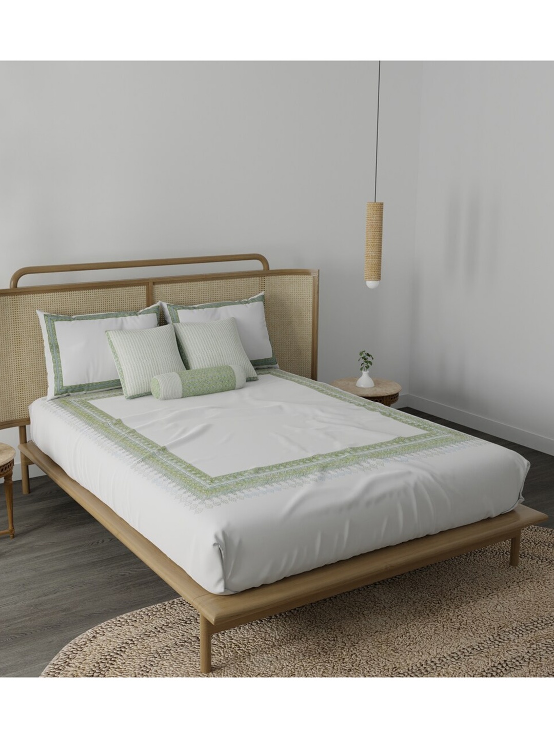 

HOUMN White & Green Cotton Ethnic Motifs 210 TC Queen Bedsheet With 5 Pillow Covers