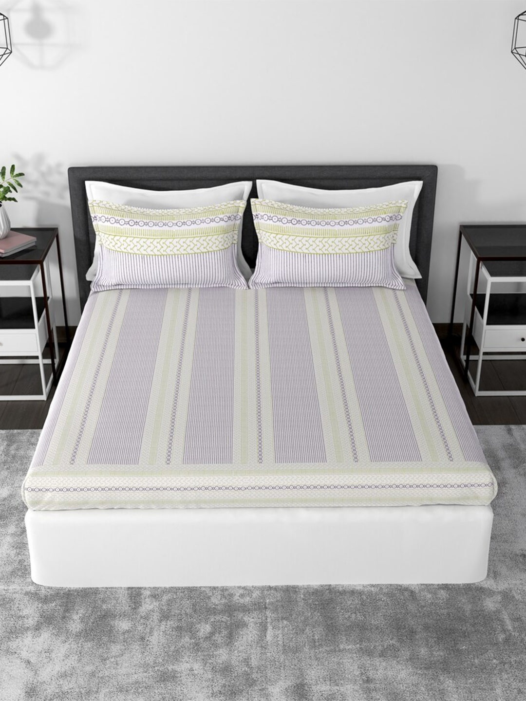 

HOUMN Adina Green & Grey Striped 400 TC Cotton King Bedsheet With 2 Pillow Covers