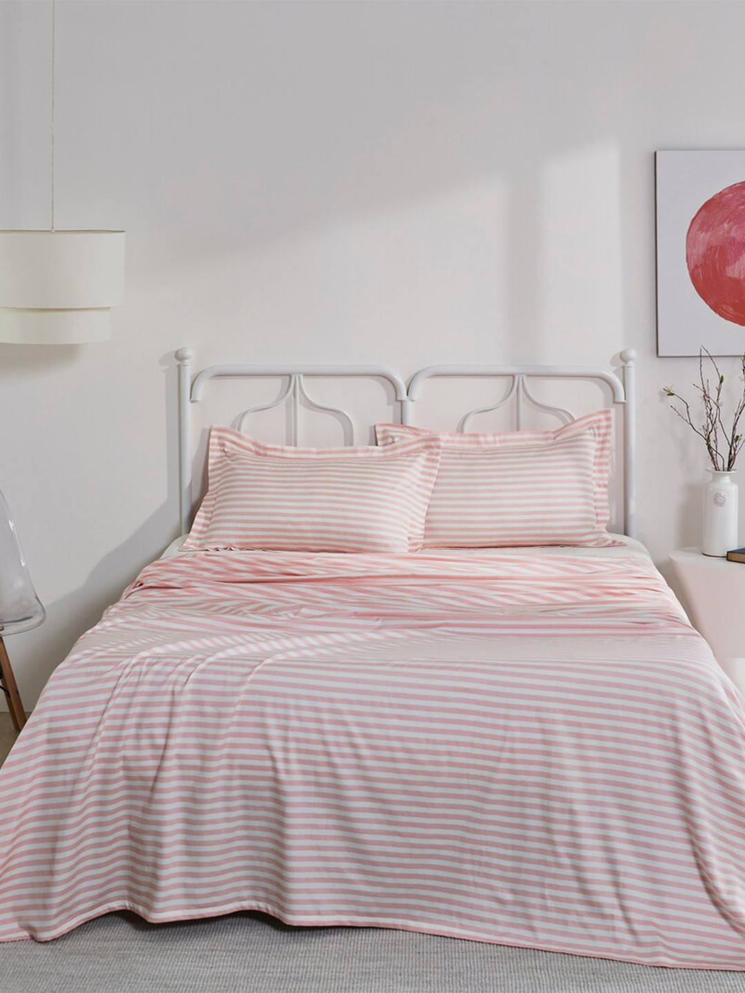 

HOUMN Pink & White Striped Cotton 400 TC King Bedsheet With 2 Pillow Covers