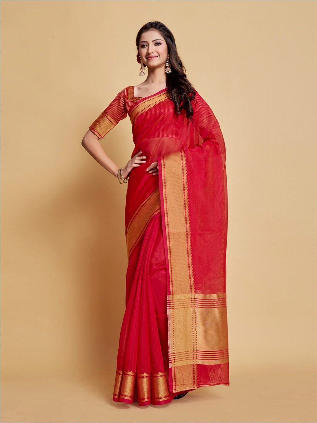 

GAJARAI Zari Organza Saree, Pink