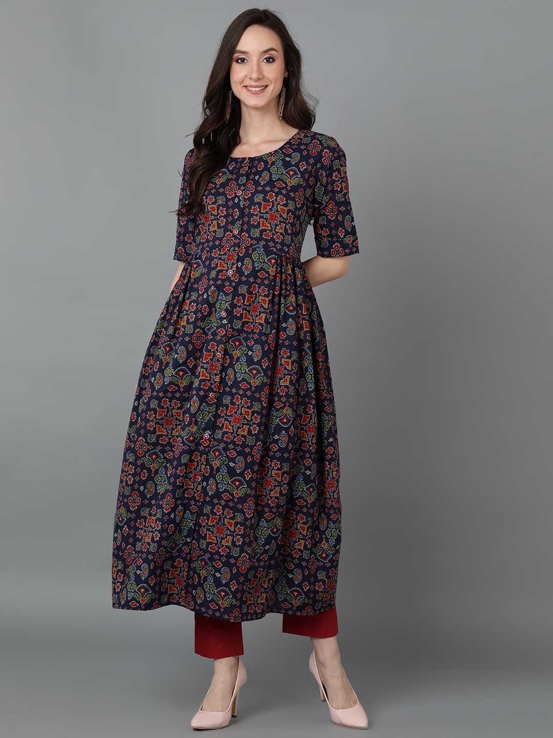 

AHIKA Ethnic Motifs Printed Anarkali Cotton Kurta, Navy blue