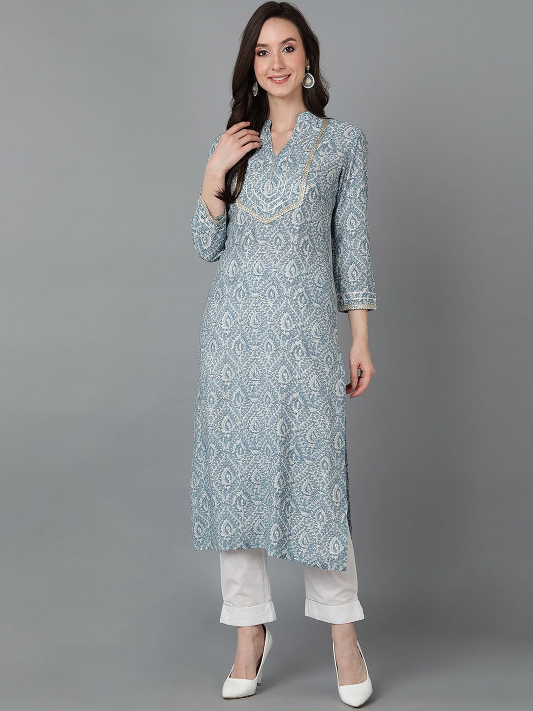 

AHIKA Mandarin Collar Ethnic Motifs Printed Straight Cotton Kurta, Blue