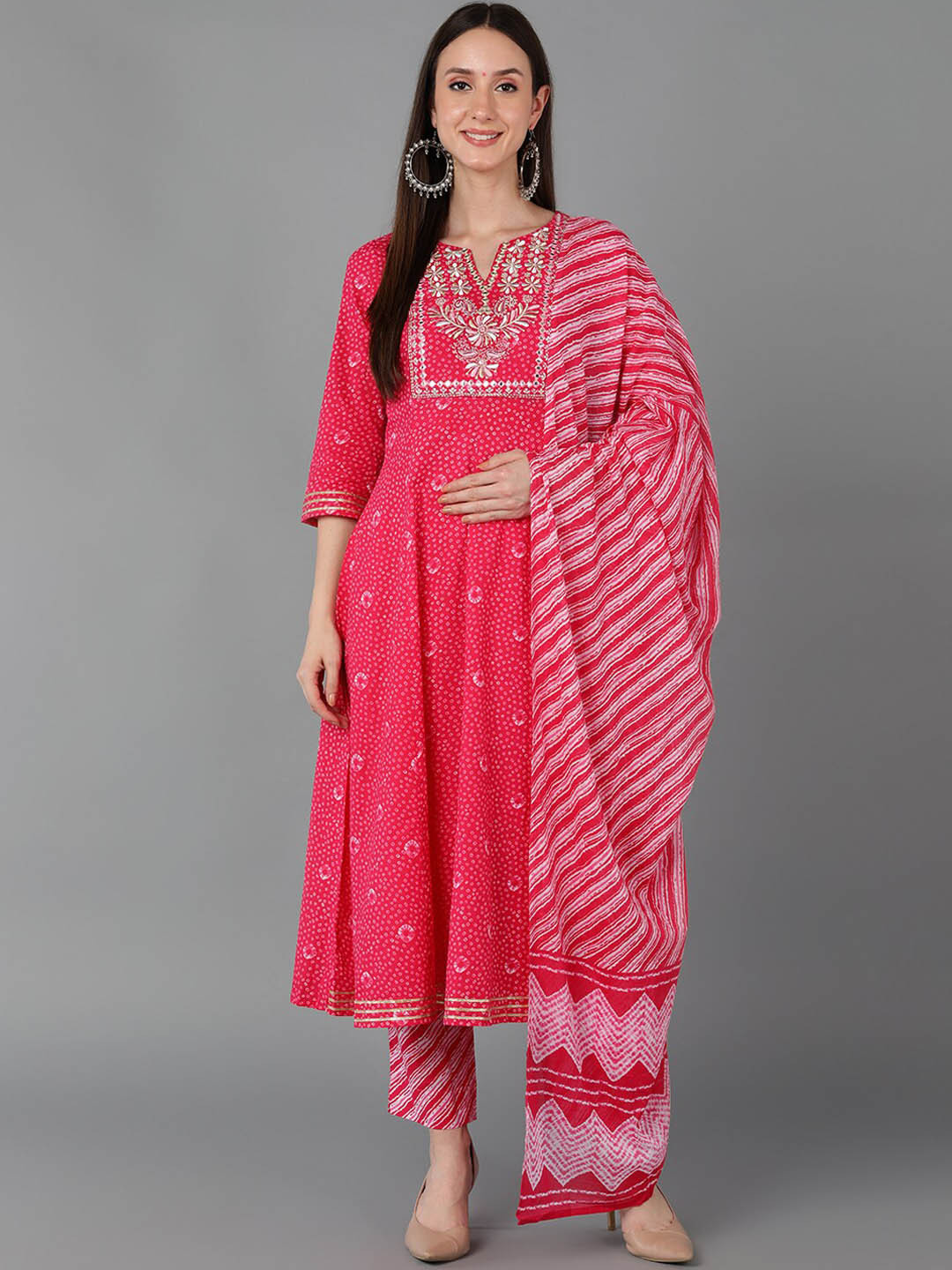 

AHIKA Pink Bandhani Printed Mirror Work Pure Cotton Kurta with Trousers & Dupatta