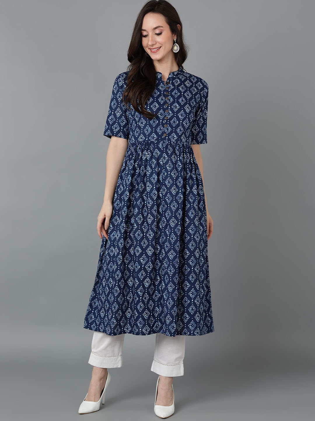 

AHIKA Mandarin Collar Geometric Printed Anarkali Cotton Kurta, Blue