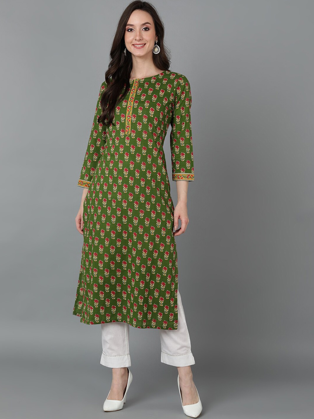 

AHIKA Ethnic Motifs Printed Straight Cotton Kurta, Green