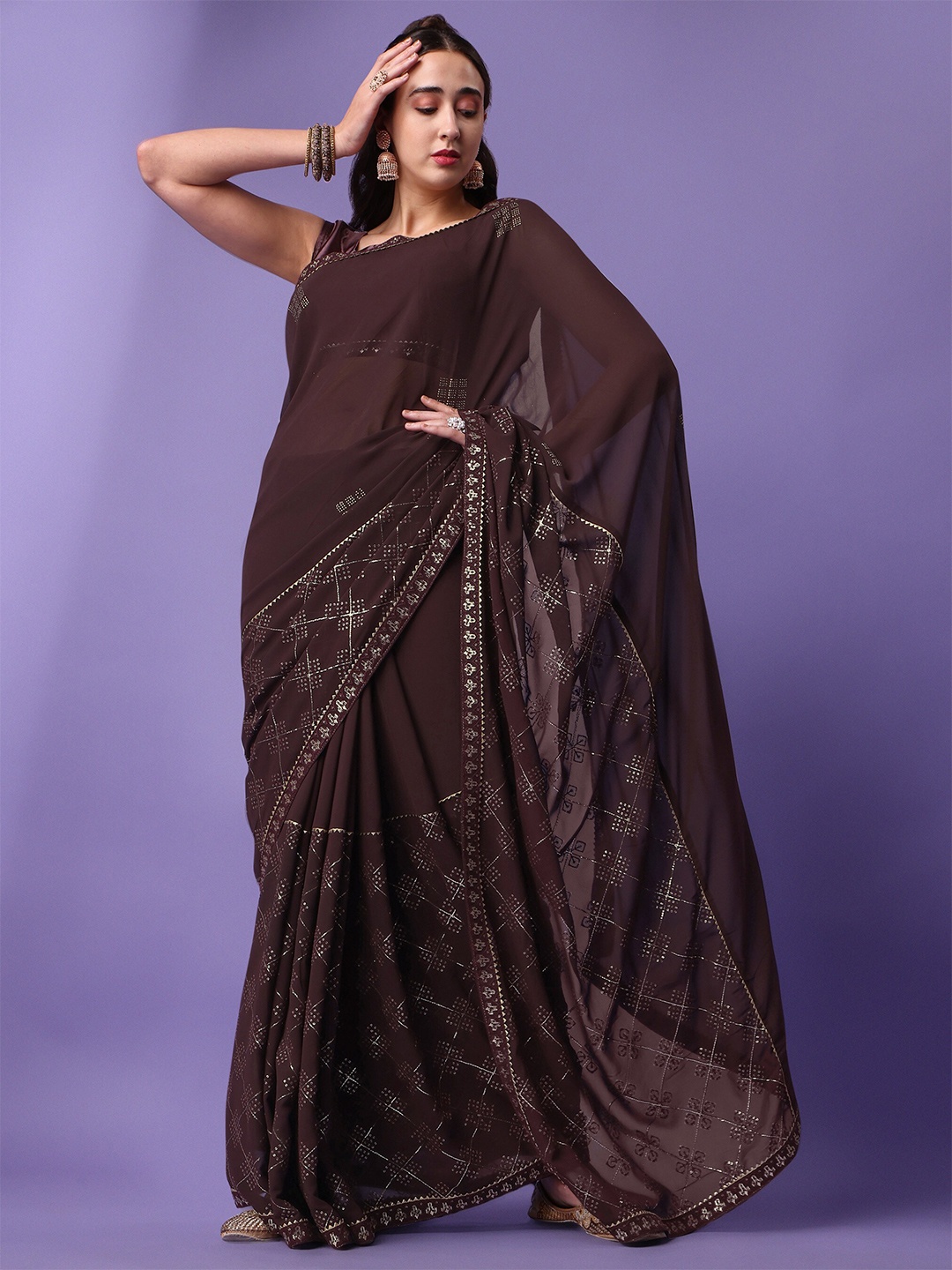

ASPORA Sequinned Embellished Georgette Saree, Coffee brown