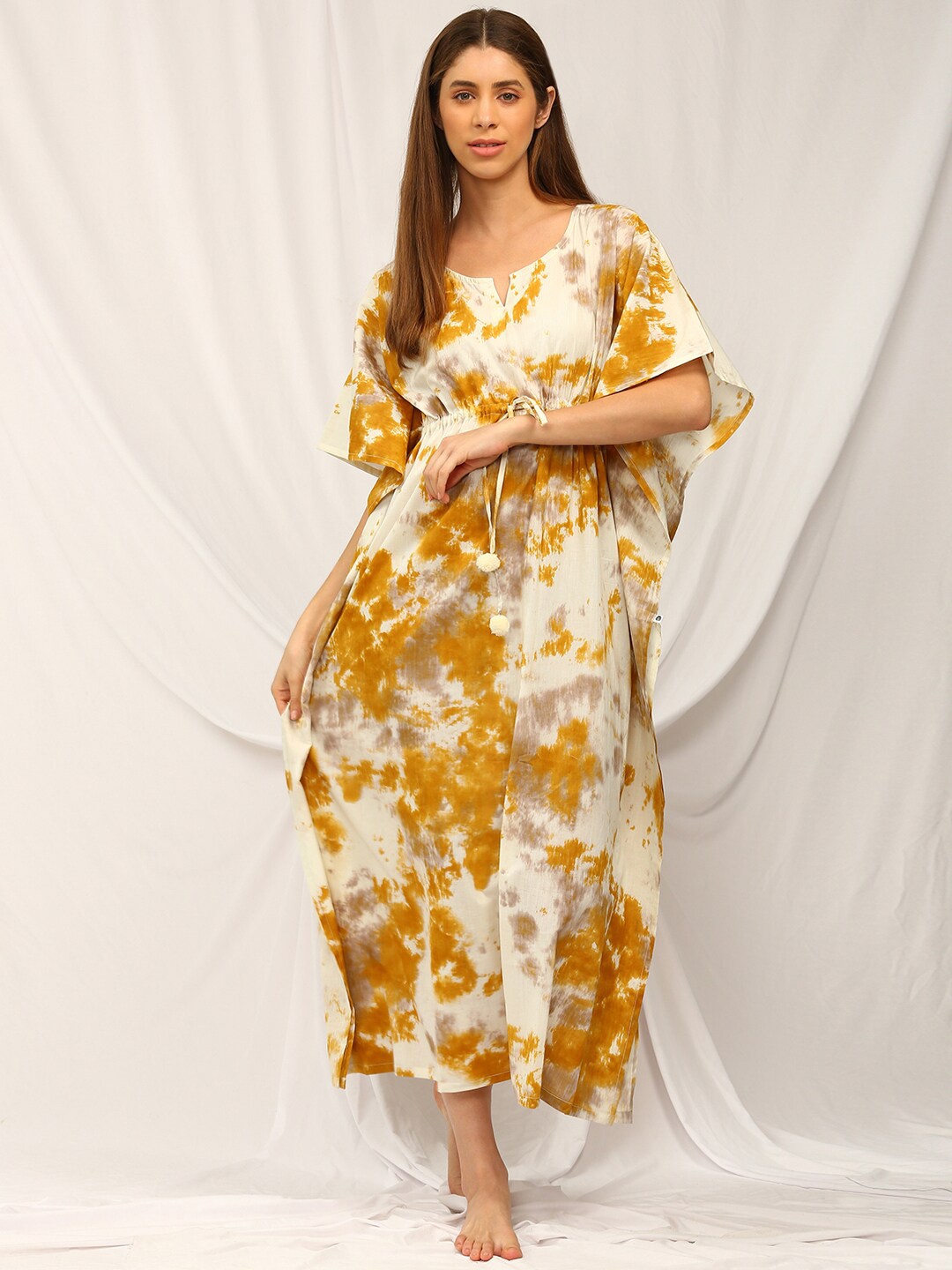 

Bannos Swagger Tie And Dye Printed Pure Cotton Kaftan Maxi Nightdress, Yellow