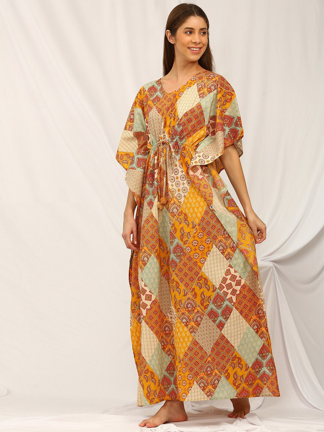 

Bannos Swagger Ethnic Motifs Printed Pure Cotton Kaftan Maxi Nightdress, Yellow