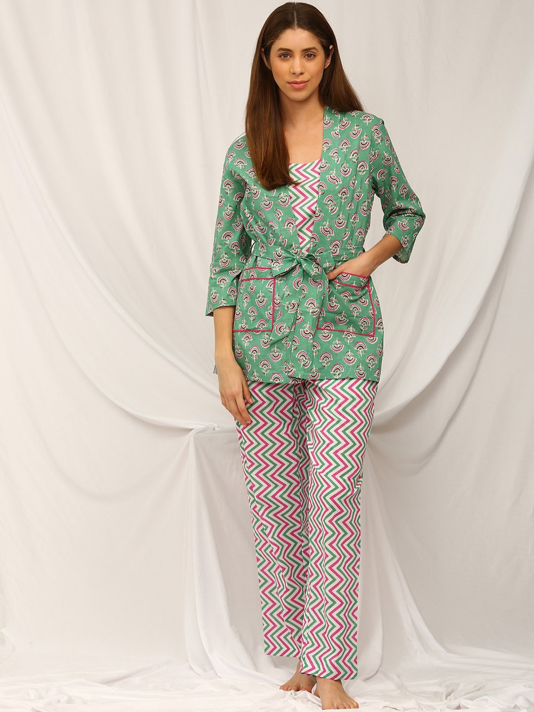 

Bannos Swagger 3 Pieces Ethnic Motifs Printed Pure Cotton Night Suit, Green