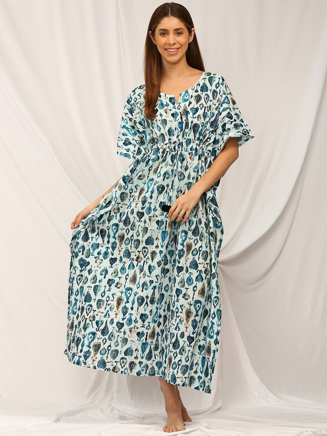 

Bannos Swagger Ethnic Motifs Printed Pure Cotton Kaftan Maxi Nightdress, Blue