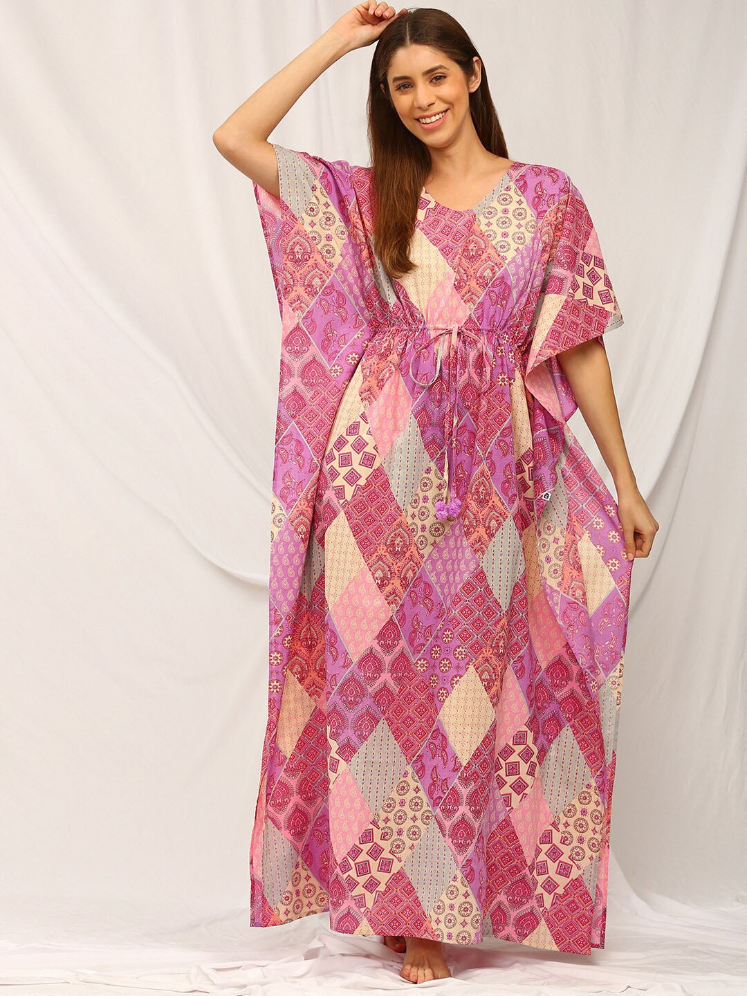 

Bannos Swagger Abstract Printed Pure Cotton Maxi Kaftan Nightdress, Pink