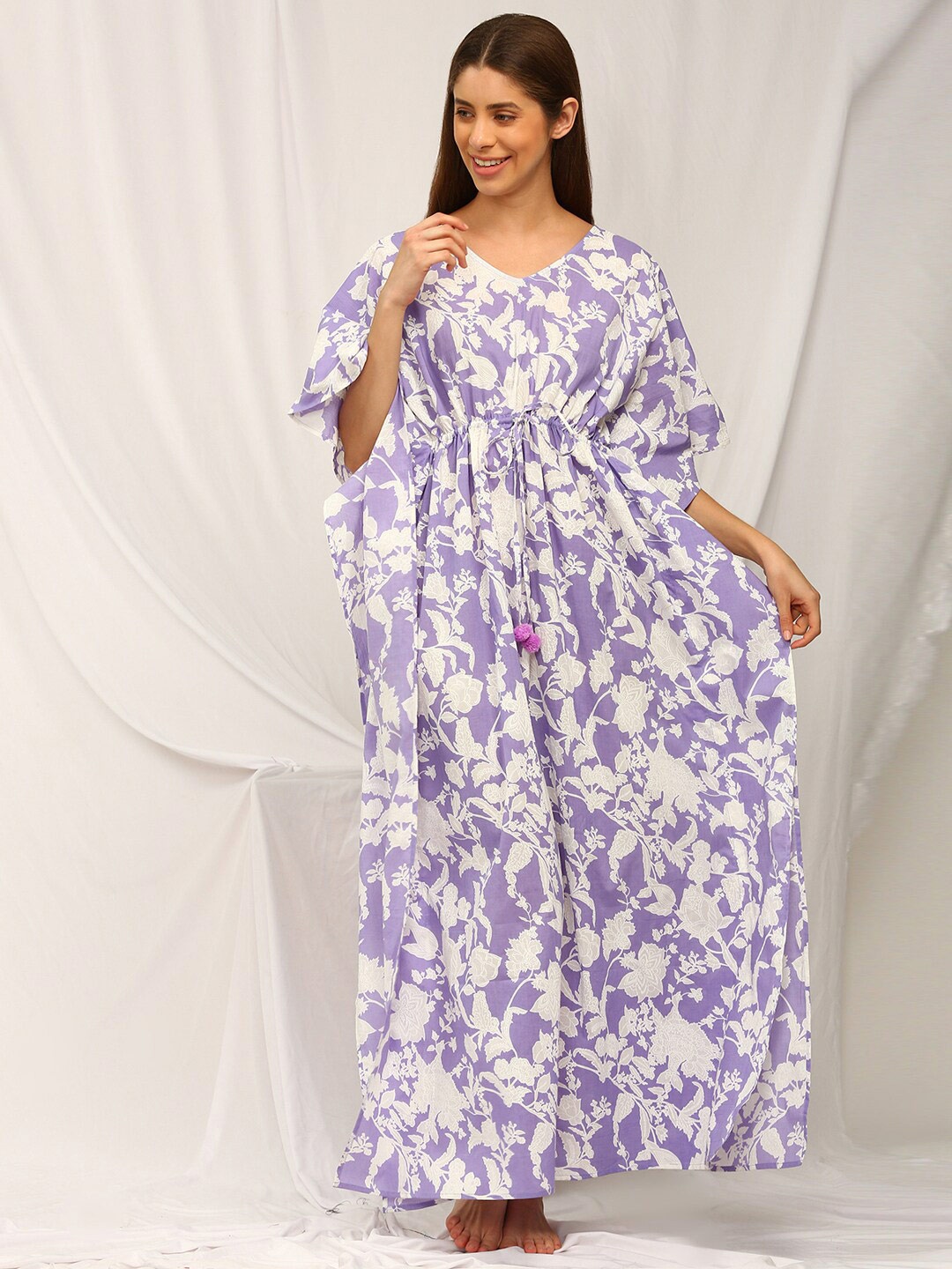 

Bannos Swagger Ethnic Motifs Printed Pure Cotton Maxi Kaftan Nightdress, Purple