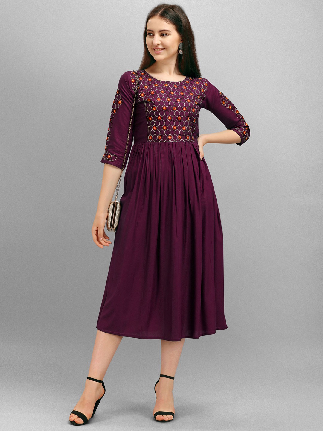 

Shree Ramkrishna Fab Floral Embroidery Pleated Fit & Flare Midi Ethnic Dress, Purple