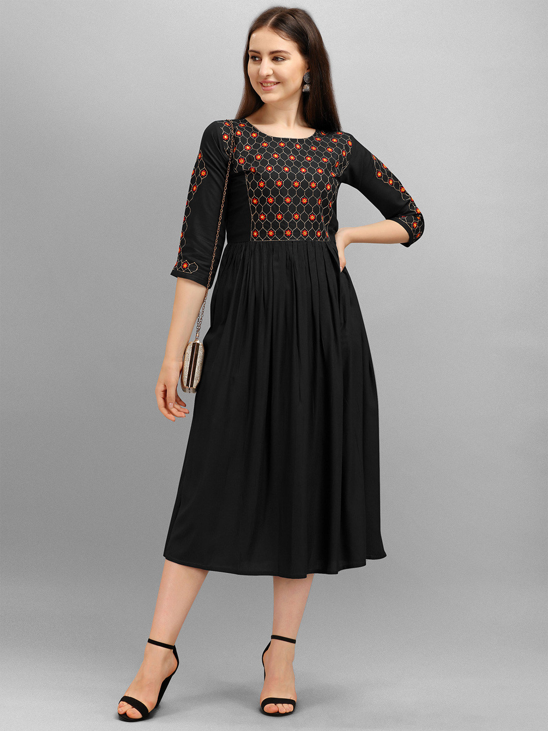 

Shree Ramkrishna Fab Floral Embroidery Pleated Fit & Flare Midi Ethnic Dress, Black