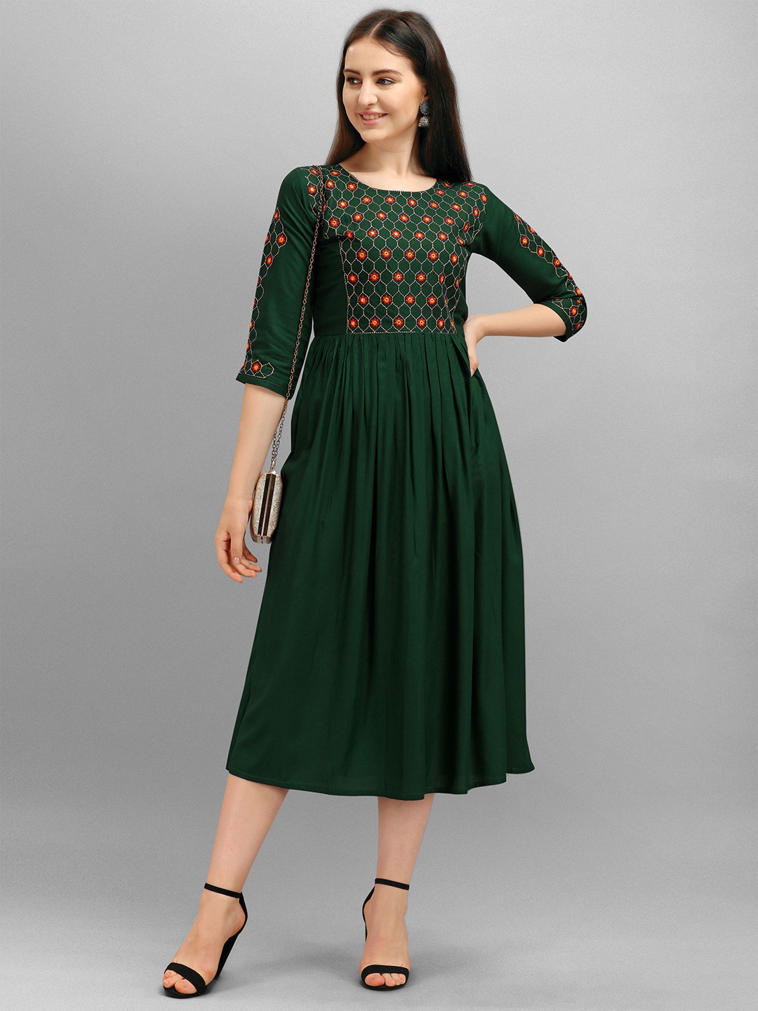 

Shree Ramkrishna Fab Floral Embroidery Pleated Fit & Flare Midi Ethnic Dress, Green