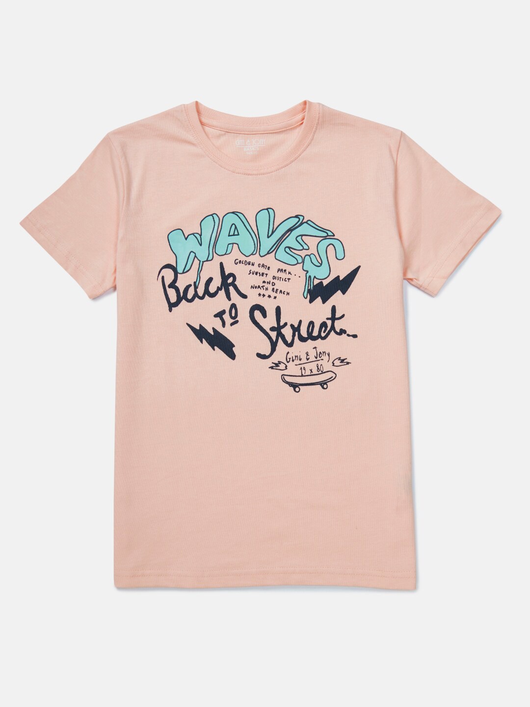 Gini and Jony Boys Typography Printed Cotton T-Shirt, Peach