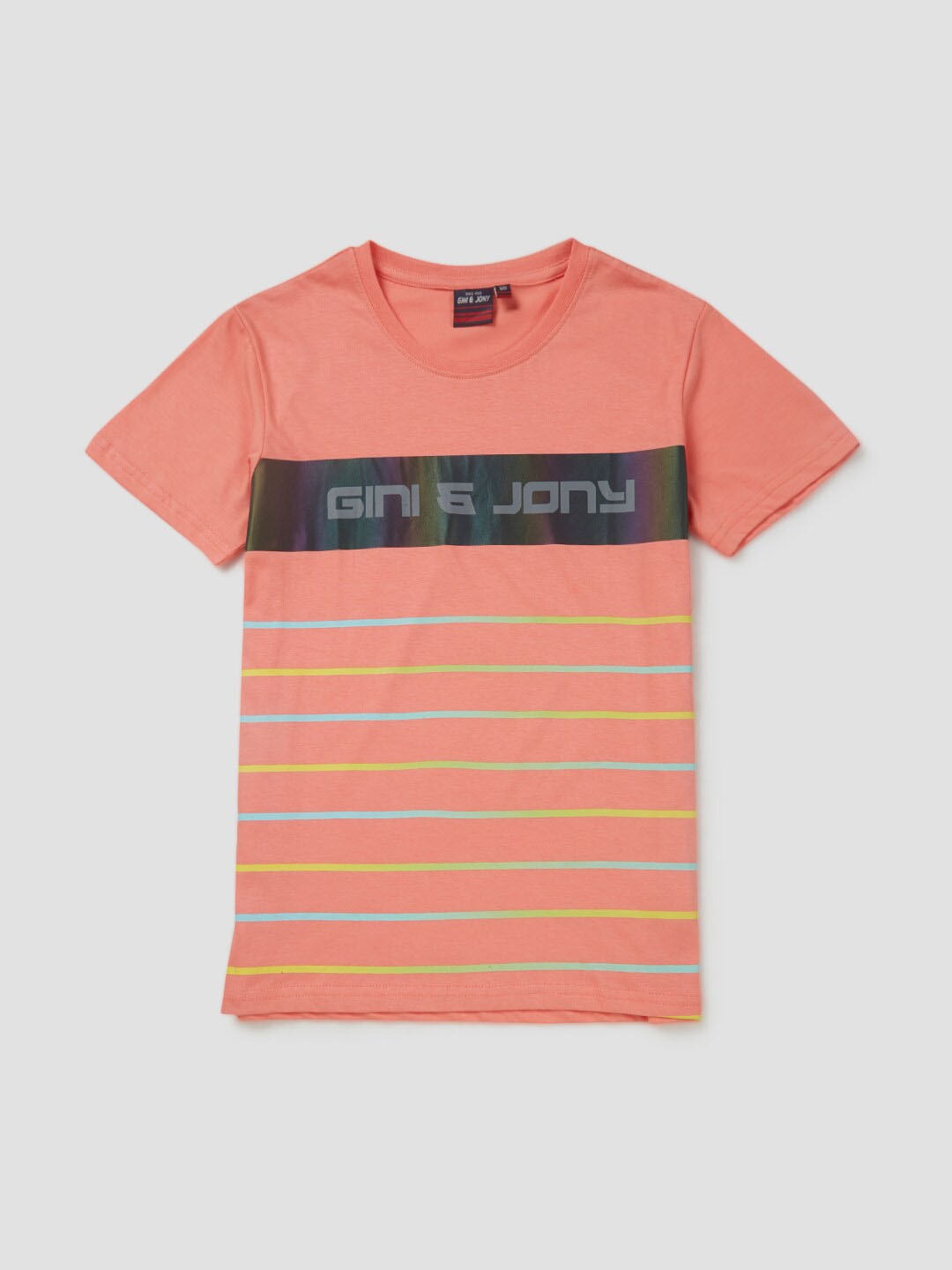 

Gini and Jony Boys Striped Printed Cotton T-shirt, Pink