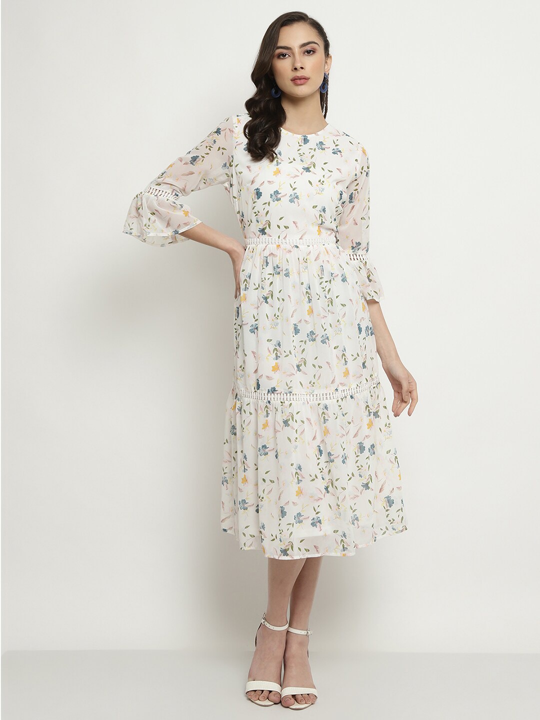 

METTLE Floral Printed Bell Sleeve A-Line Midi Dress, White