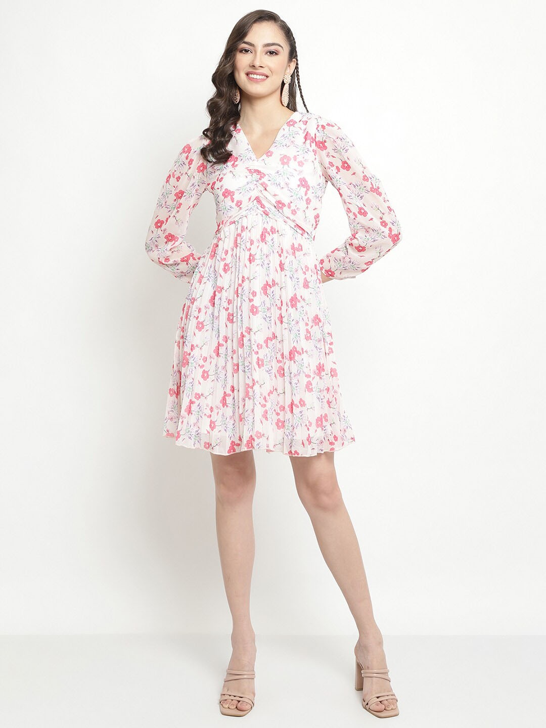 

METTLE Floral Printed Puff Sleeve Fit & Flare Dress, Pink