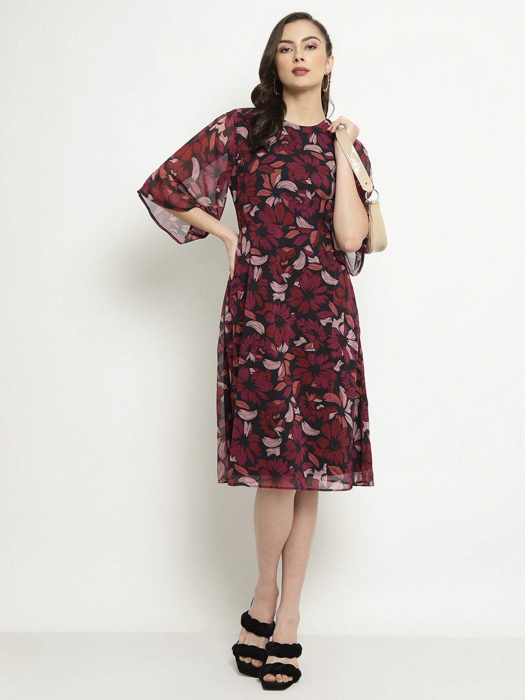 

METTLE Floral Printed Flared Sleeves A-Line Dress, Black