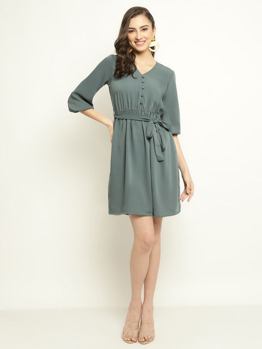 

METTLE Puff Sleeve Fit & Flare Dress, Green