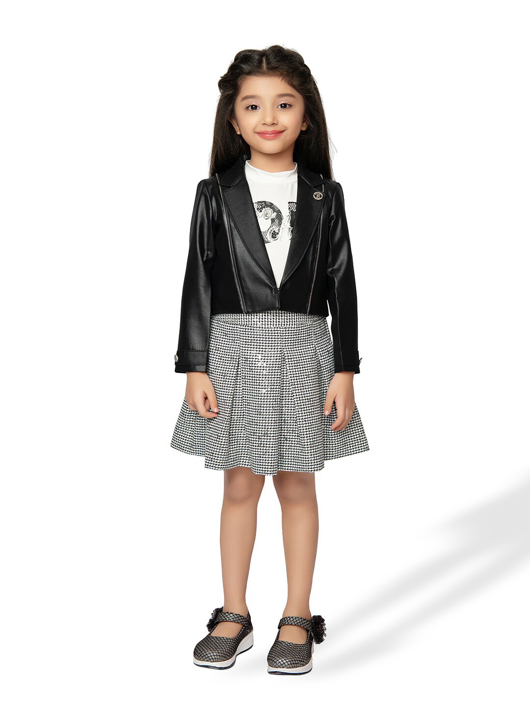 

Tiny Baby Girls Printed T-shirt With Skirt & Jacket, Black