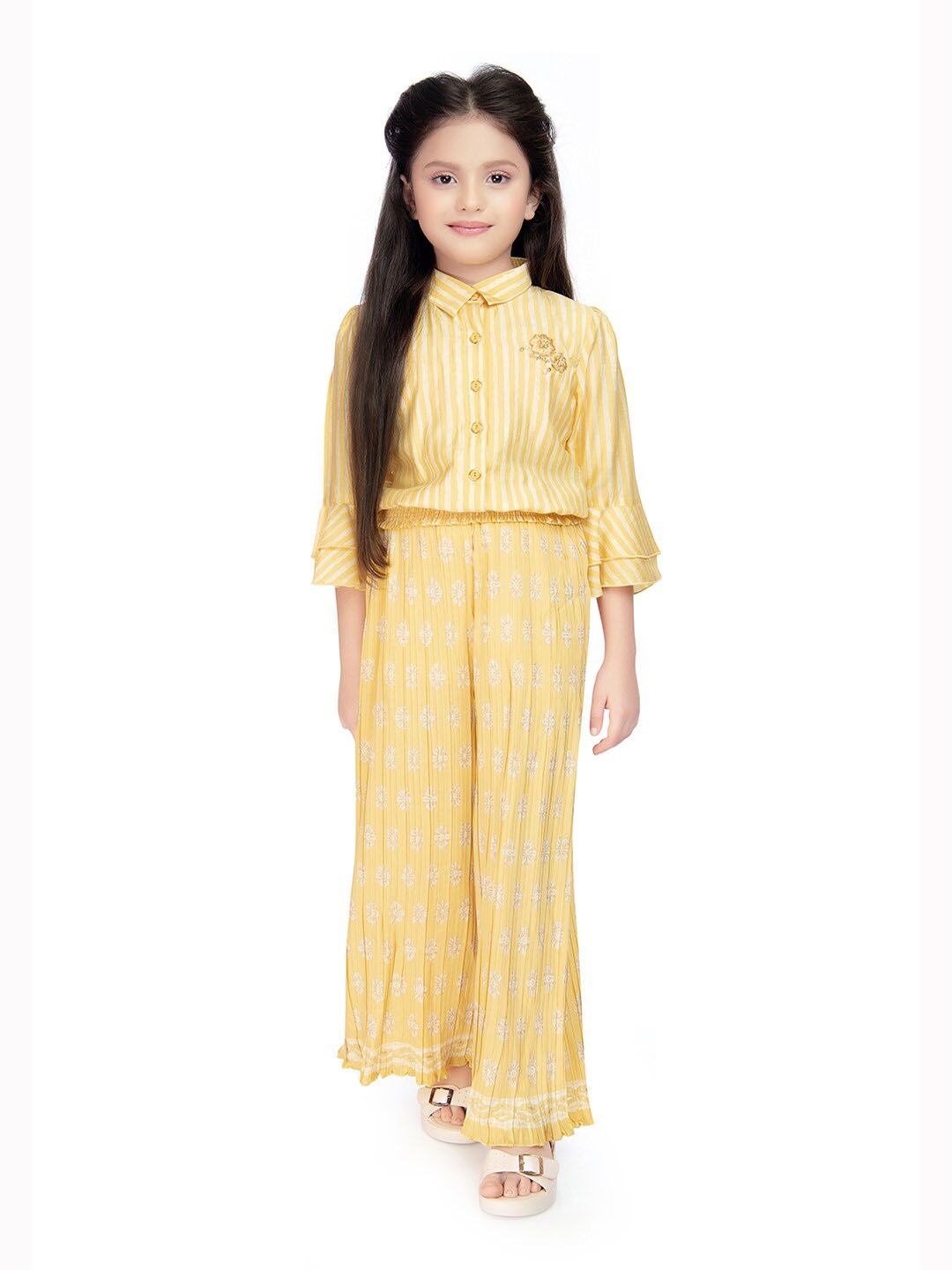 

Tiny Baby Girls Striped Shirt Collar Top With Palazzos, Yellow