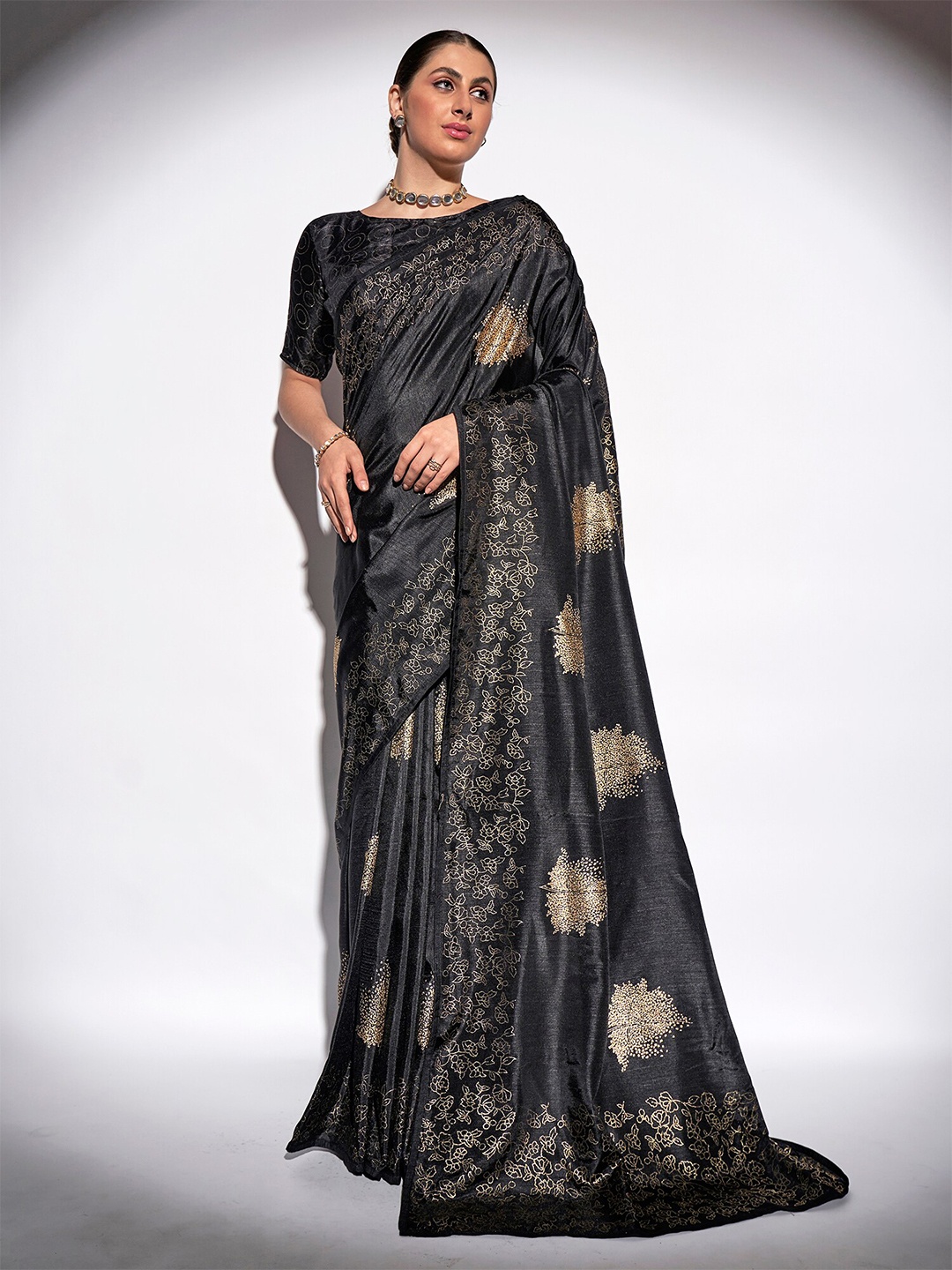 

Kalista Black & Beige Floral Printed Pure Georgette Saree