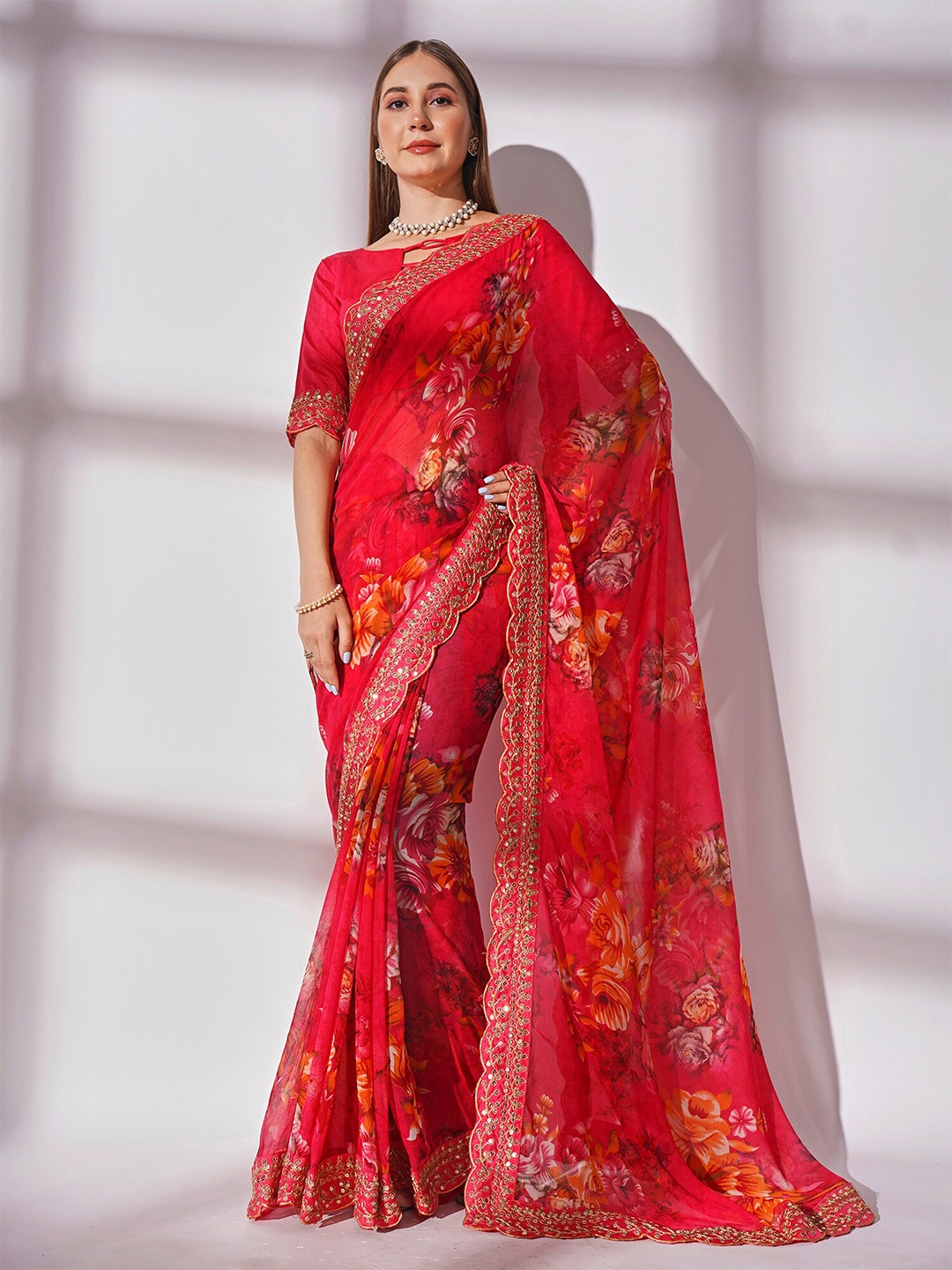 

Kalista Red & Orange Floral Printed Sequined Pure Georgette Saree