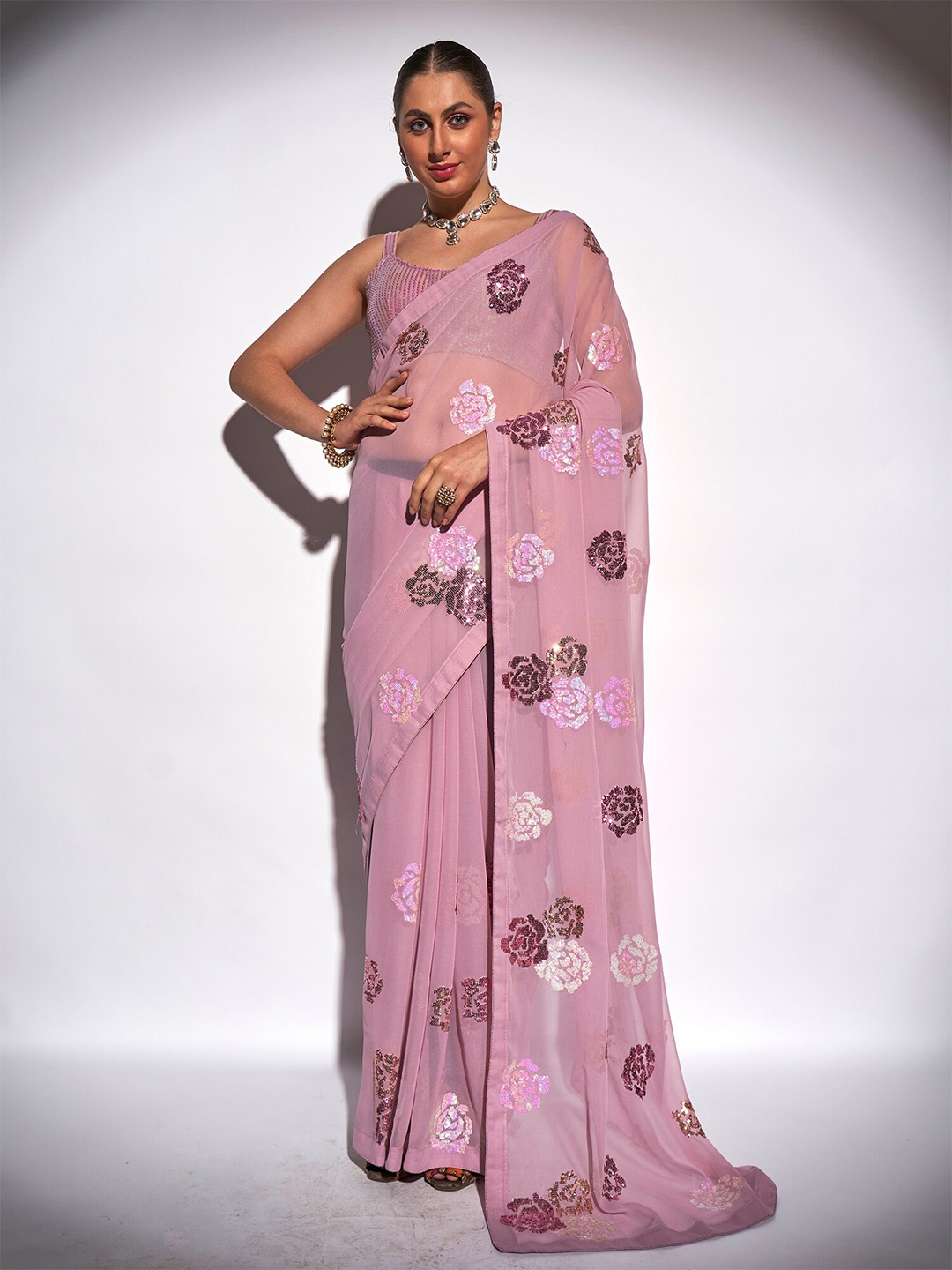 

Kalista Purple Sequined Pure Georgette Saree
