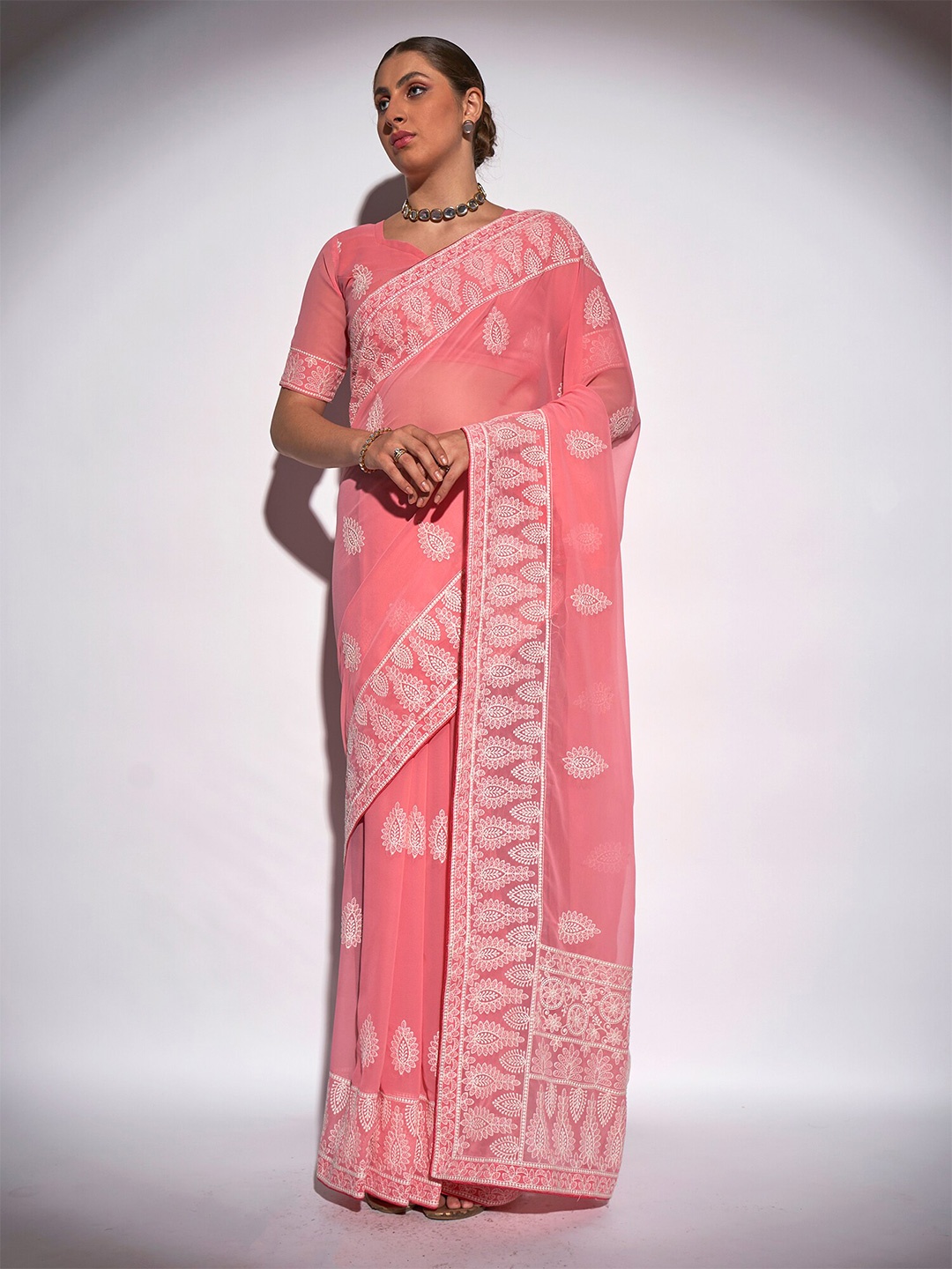 

Kalista Pink & White Ethnic Motifs Embroidered Pure Georgette Saree