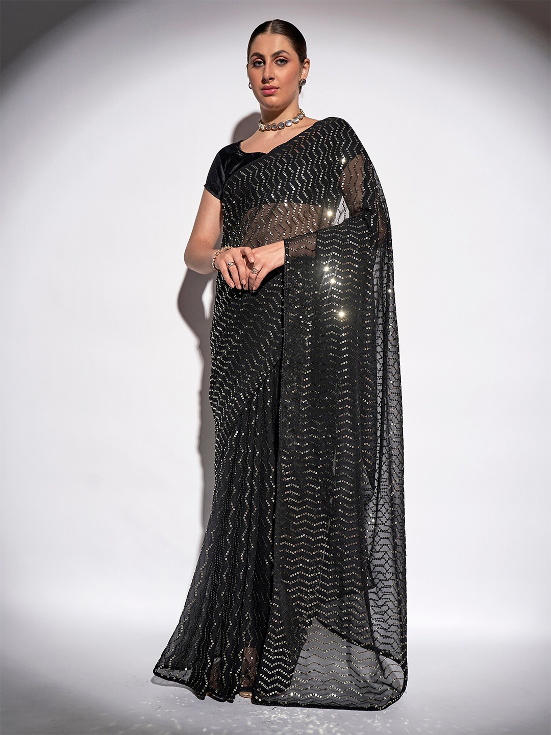

Kalista Black Sequined Work Pure Georgette Saree