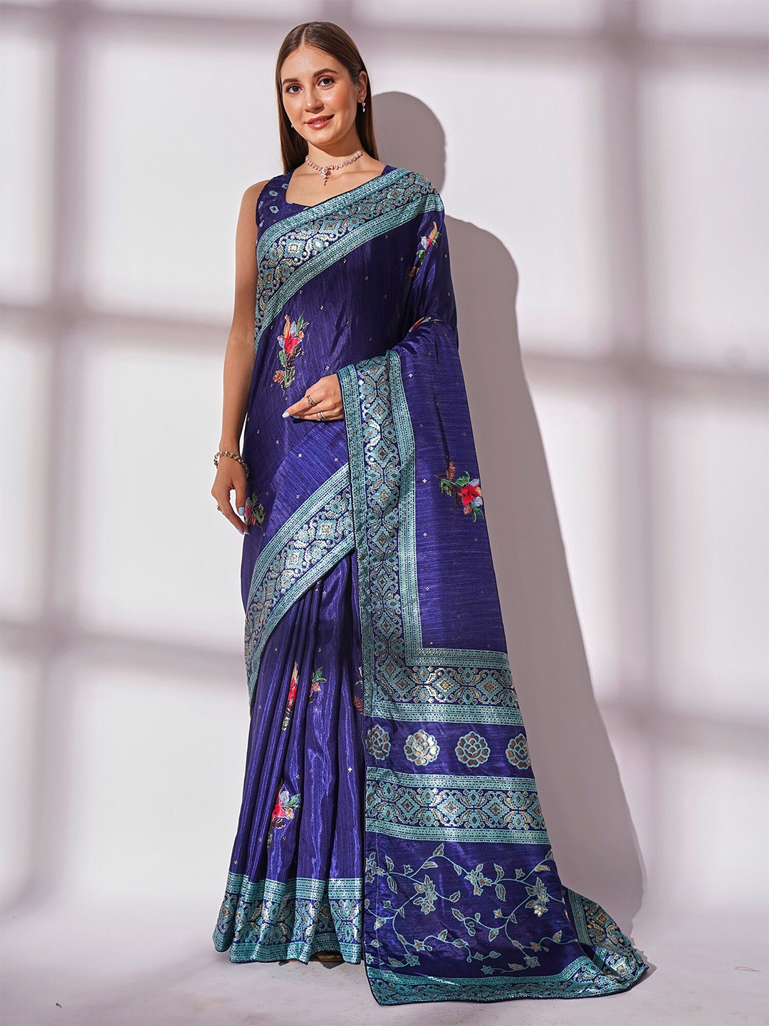 

Kalista Blue & Red Floral Foil Printed Saree