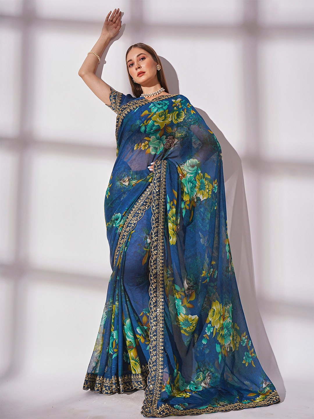 

Kalista Teal & Green Floral Printed Pure Georgette Saree