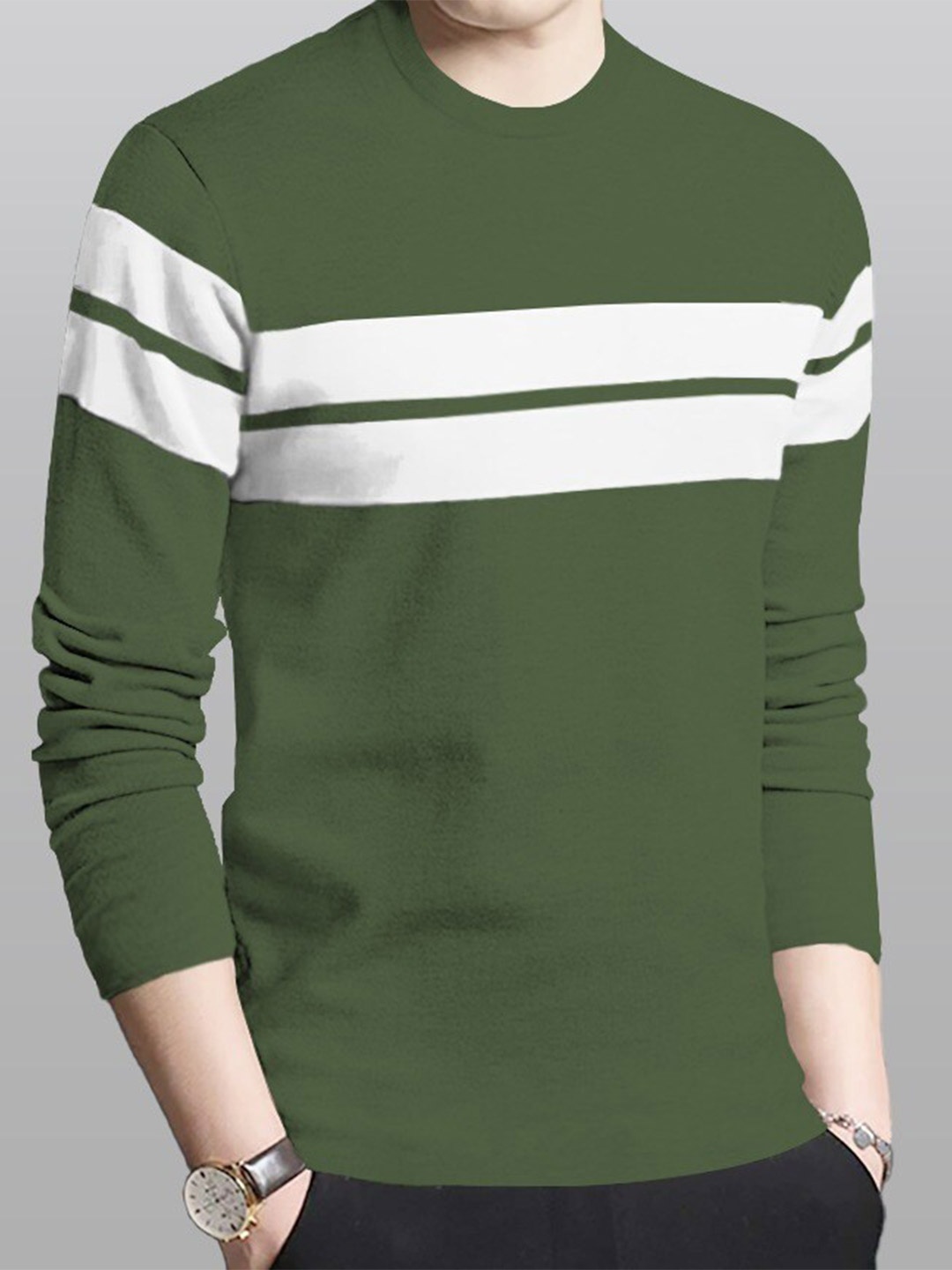 

BLIVE Striped Round Neck Long Sleeves Cotton T-shirt, Olive