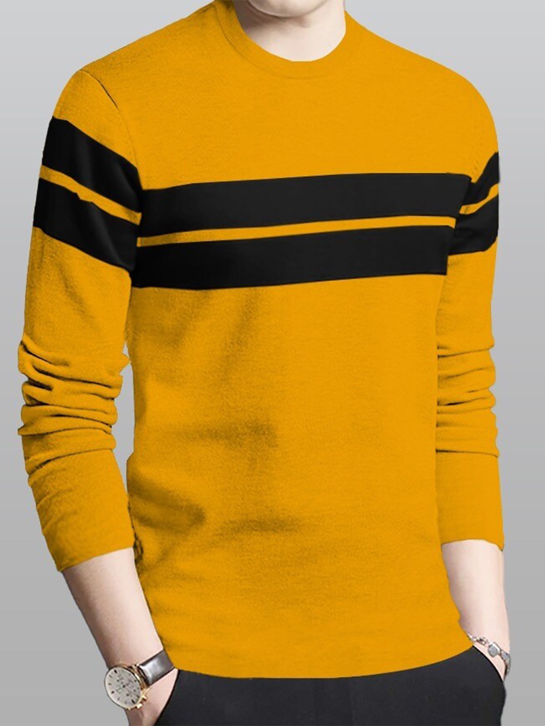 

BLIVE Striped Round Neck Long Sleeves Cotton T-shirt, Yellow