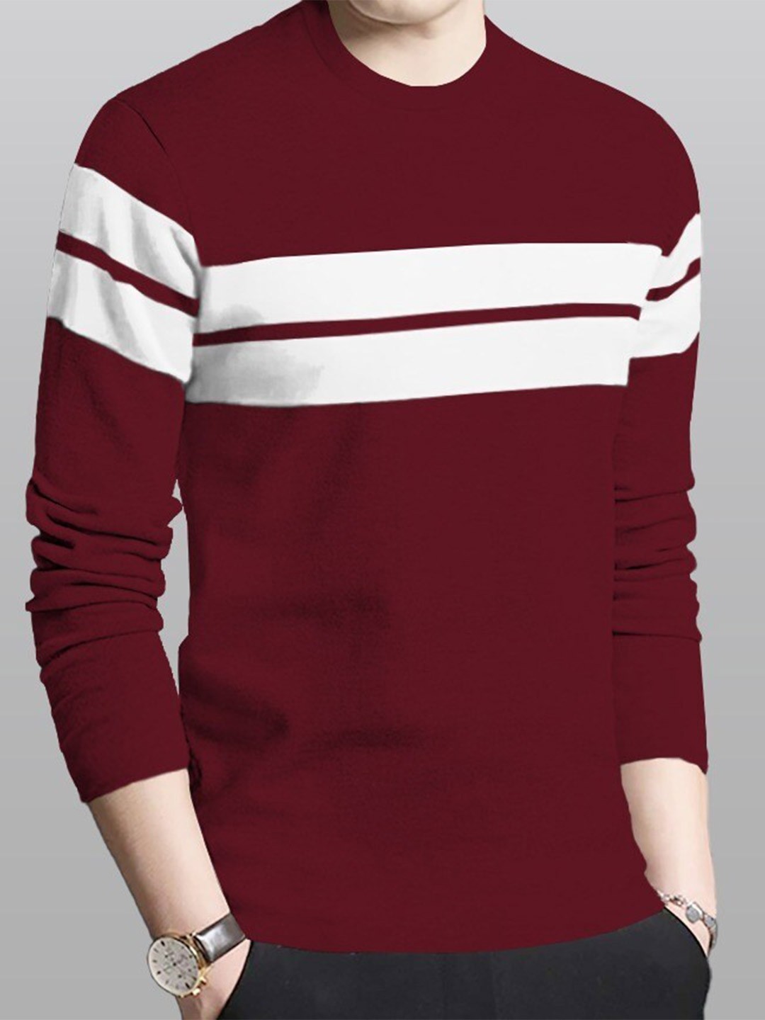

BLIVE Striped Round Neck Long Sleeves Cotton T-shirt, Maroon