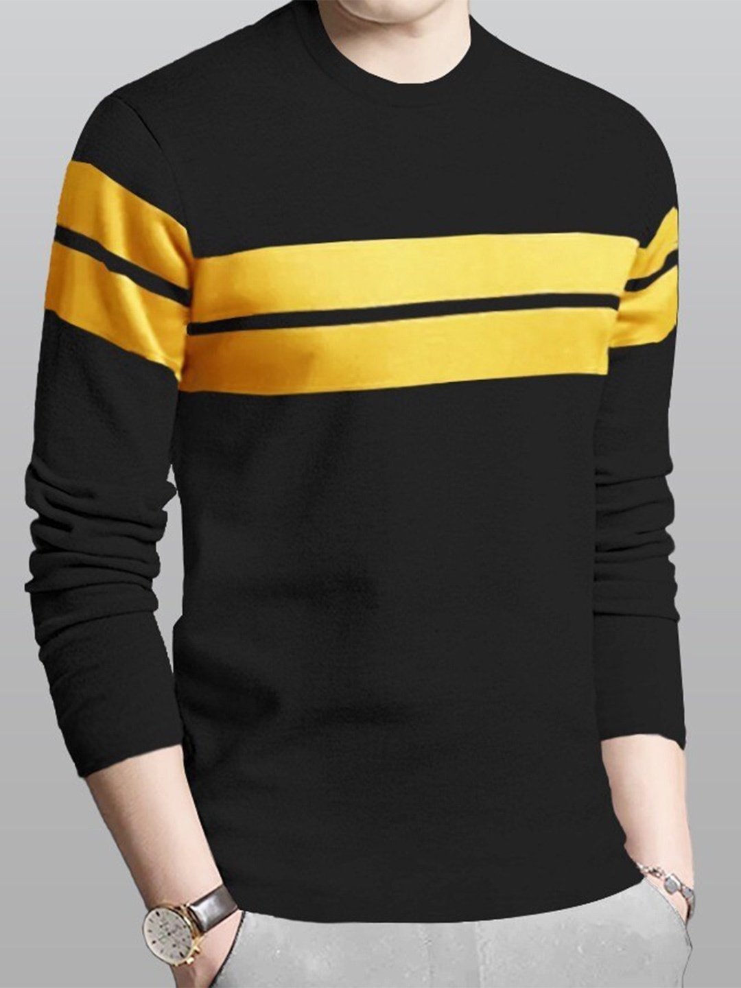 

BLIVE Striped Round Neck Long Sleeves Cotton T-shirt, Black