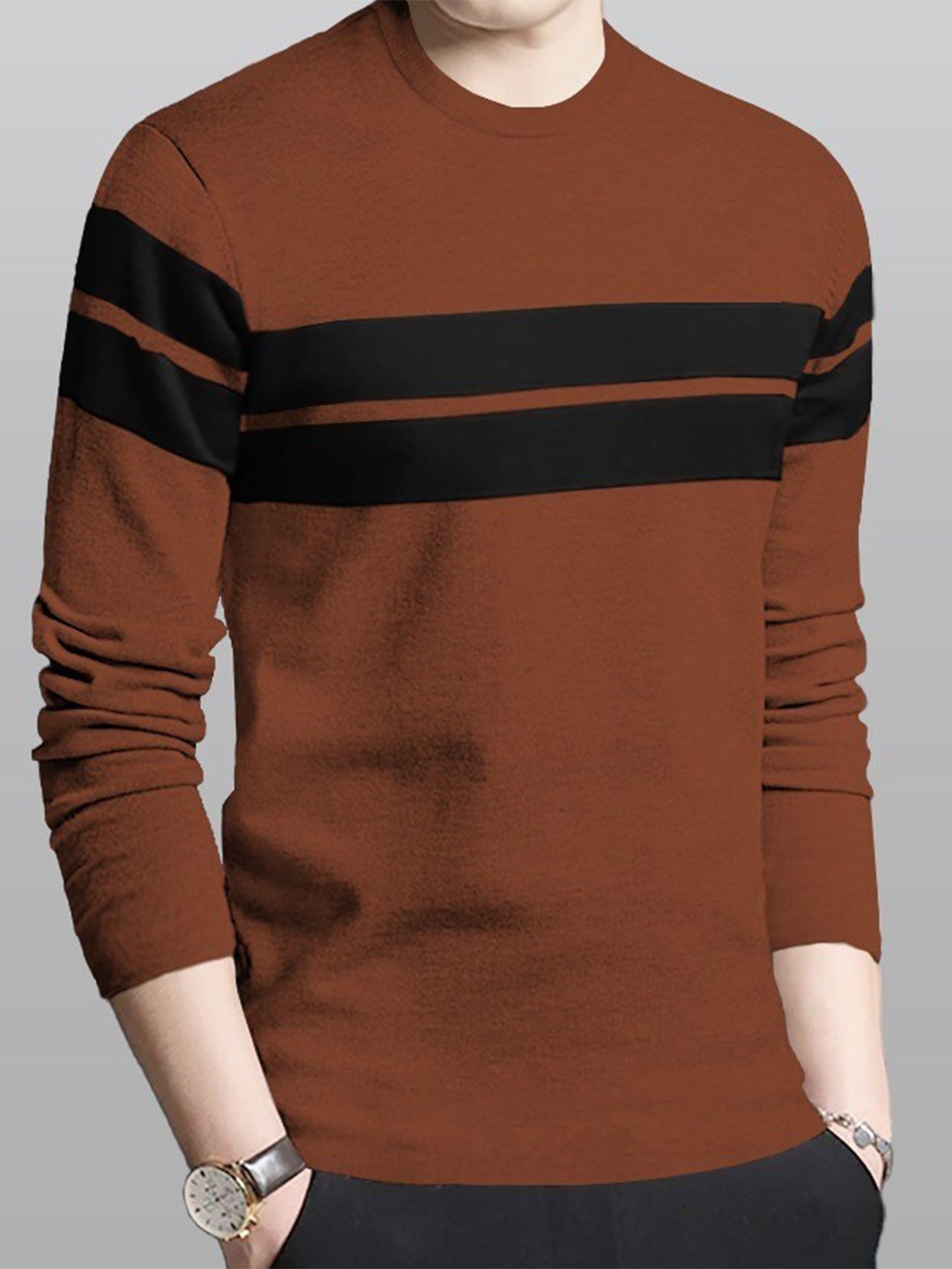 

BLIVE Striped Round Neck Long Sleeves Cotton T-shirt, Brown