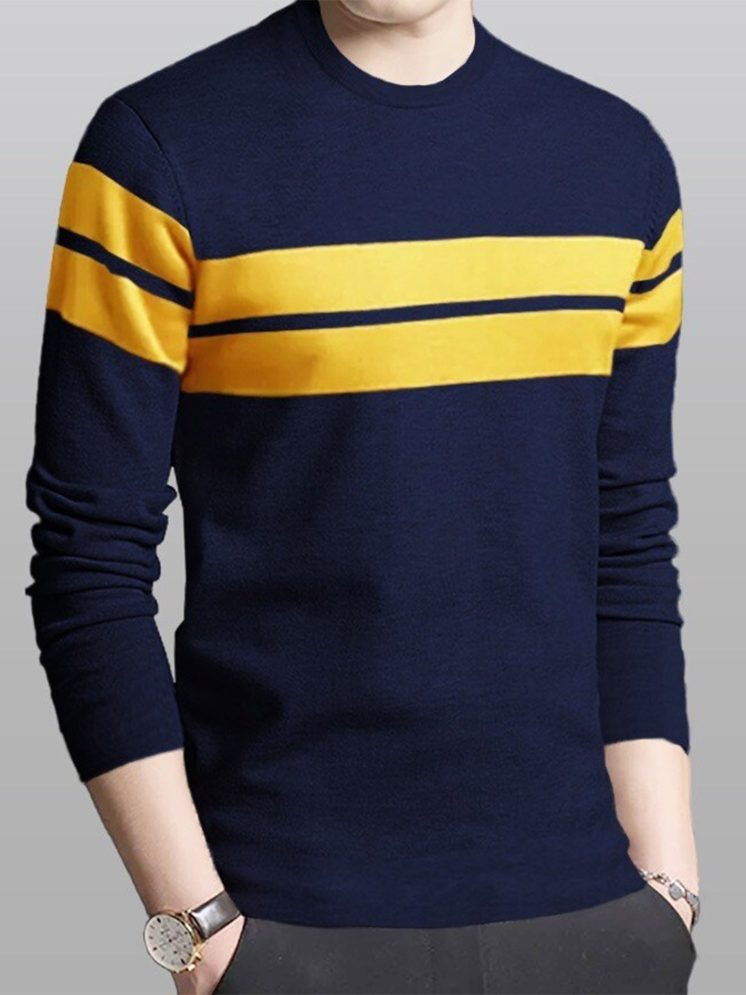 

BLIVE Colourblocked Long Sleeves Cotton T-shirt, Navy blue